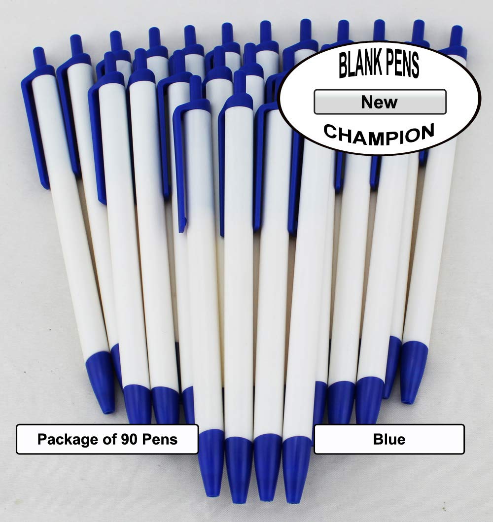 EZPENCILS & GIFTS - Bulk Blank White Plastic Pens with Black Ink - Champion Pens with Blue Tip, Clip & Cap (90 Pack) - Perfect for Offices, Schools, Events & Promotional Giveaways