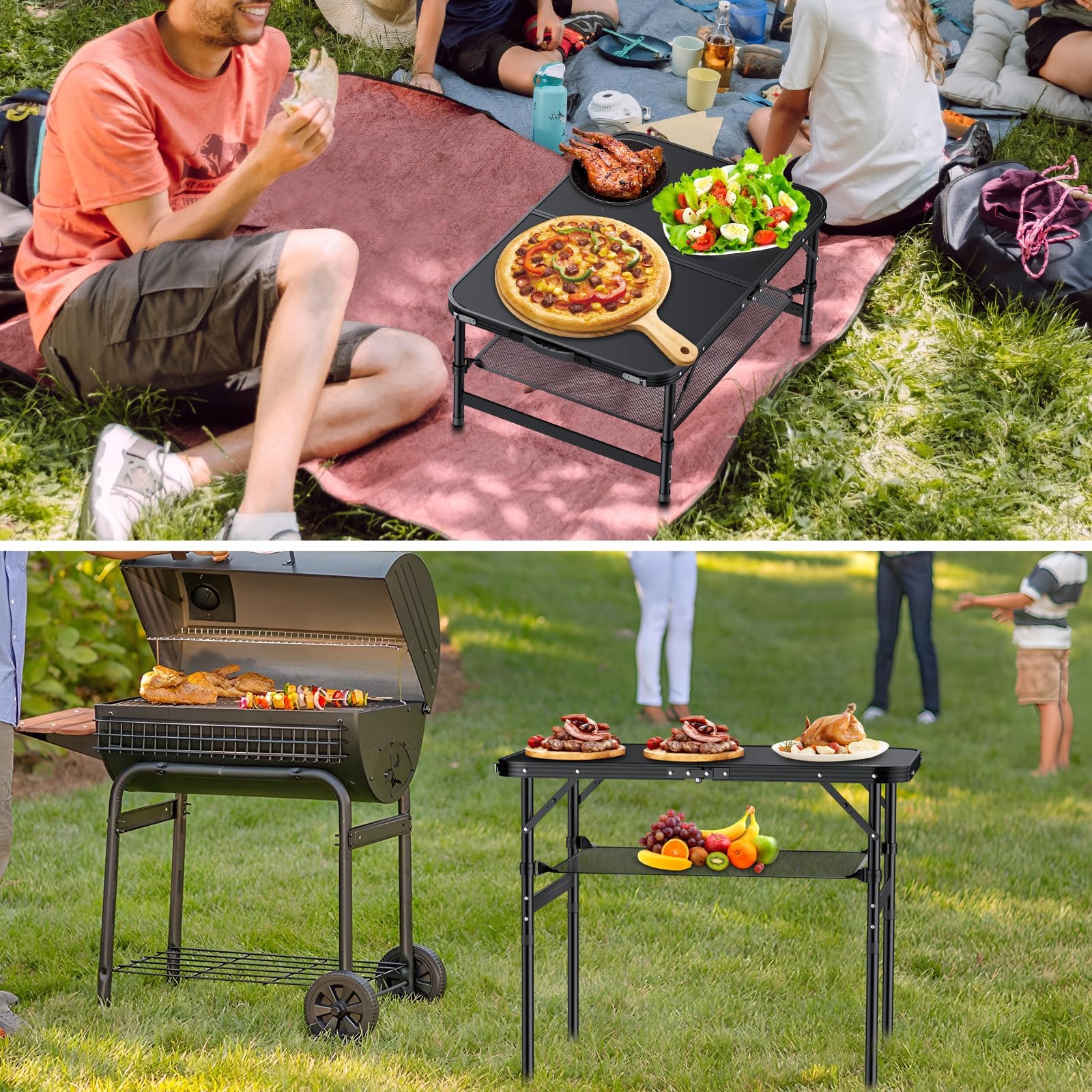 Anbte Folding Camping Table with Storage Net - Adjustable Height 26.4