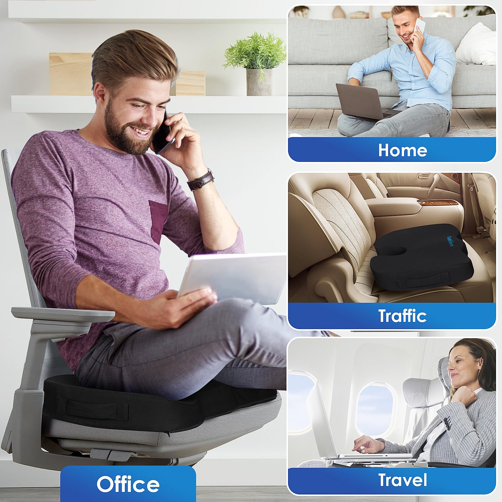 Premium Memory Foam Seat Cushion for Office Chair - Non-Slip Orthopedic Support for Coccyx, Sciatica & Tailbone Pain Relief - Ideal for Desk Work, Car, Wheelchair (Black) - Perfect for Long Sitting & Back Comfort