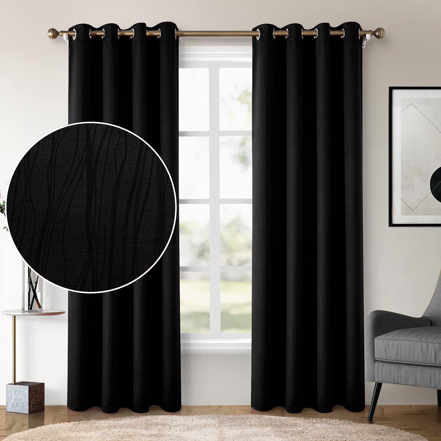 Blackout Curtains 52x96 Inch 2 Panels - Wave Line Textured Thermal Insulated Room Darkening Window Drapes for Bedroom & Living Room | Noise Reducing, Energy Saving Home Decor for Better Sleep & Privacy