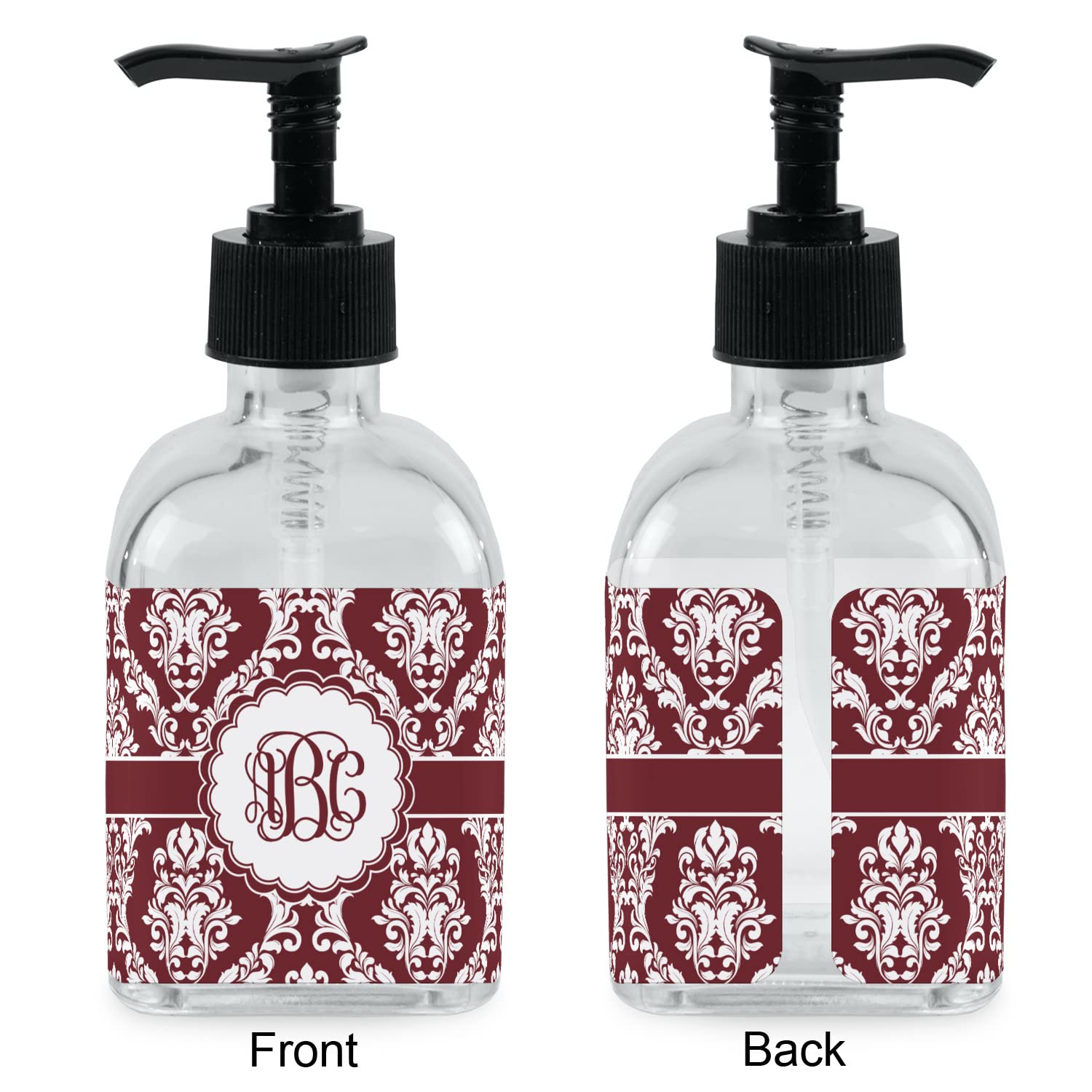 Personalized Maroon & White Glass Soap Dispenser & Lotion Bottle - Elegant Bathroom Decor for Home, Spa, or Wedding Gift