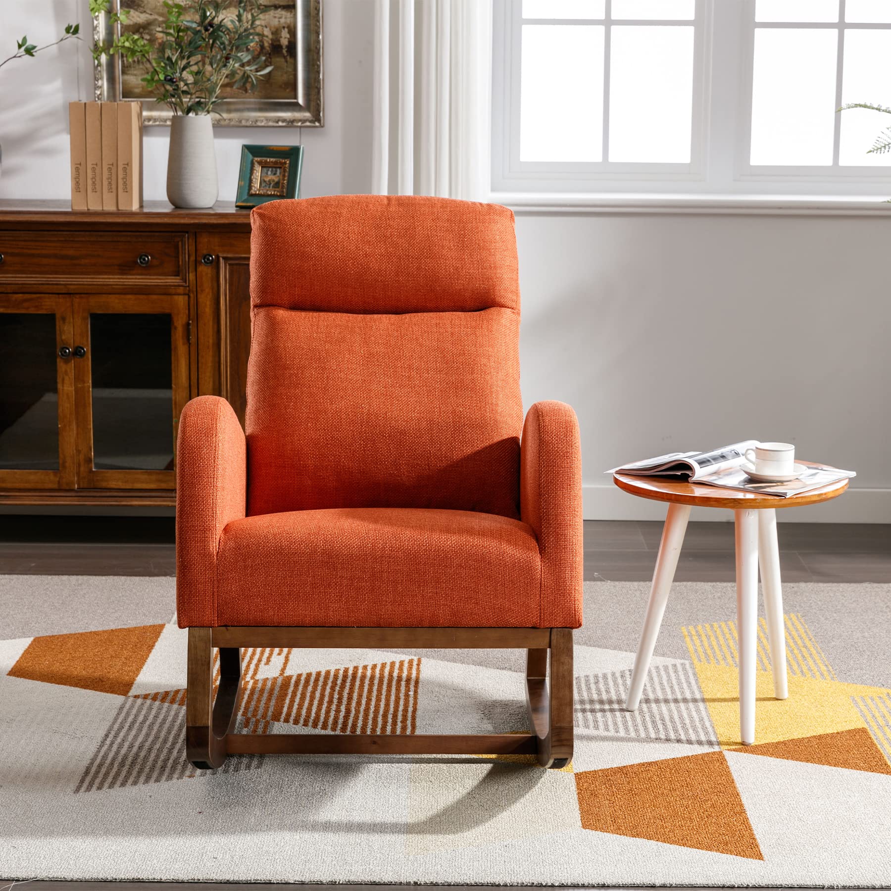 Comfortable Dolonm Nursery Rocking Chair - Upholstered Glider Rocker with Padded Seat & High Backrest, Accent Armchair for Living Room, Bedroom, Baby Nursery - Perfect for Nursing, Relaxing & Reading (Orange)