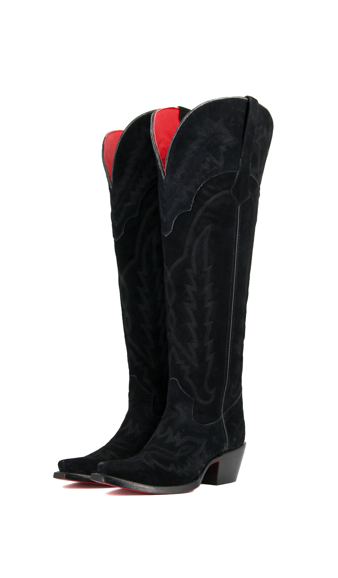 Maggie Suede Knee High Cowgirl Boots with Red Bottom & Wide Calf - Perfect for Western Rides, Country Music Festivals & Vintage Fashion Outfits