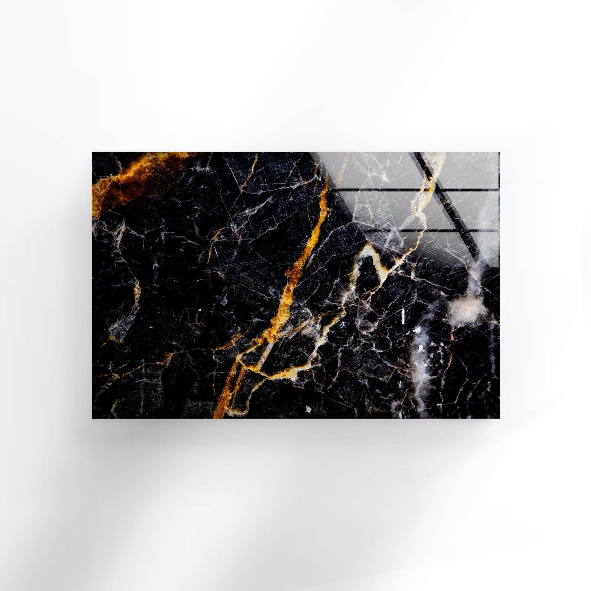 Black & Orange Marble Abstract Glass Wall Art - Modern Home Decor for Living Room, Bedroom & Office - Unique Handmade Glass Painting for Contemporary Interior Design