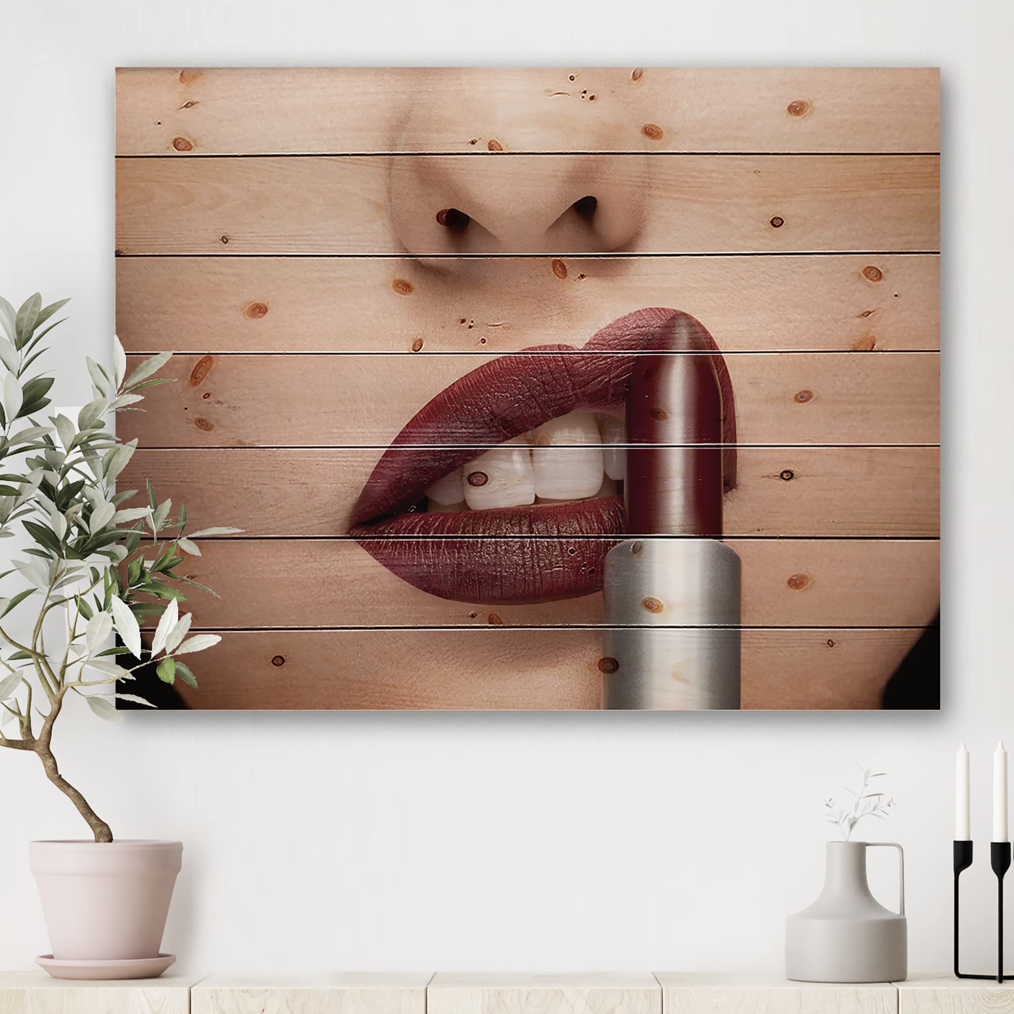 Modern Red Lipstick Woman Wood Wall Art - Contemporary Large People Wood Panel Decor Printed on Natural Pine - Perfect for Living Room, Bedroom & Office Decor