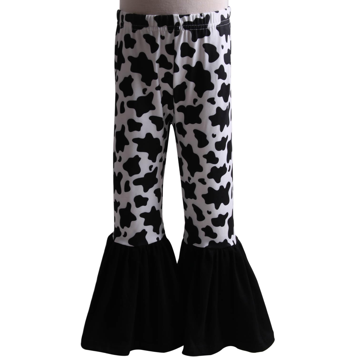 Girls' Cow Print Bell Bottom Pants with Ruffle Leggings - Animal Pattern Flare Pants for Kids, Toddler & Teen Fashion - Perfect for School, Parties & Casual Wear