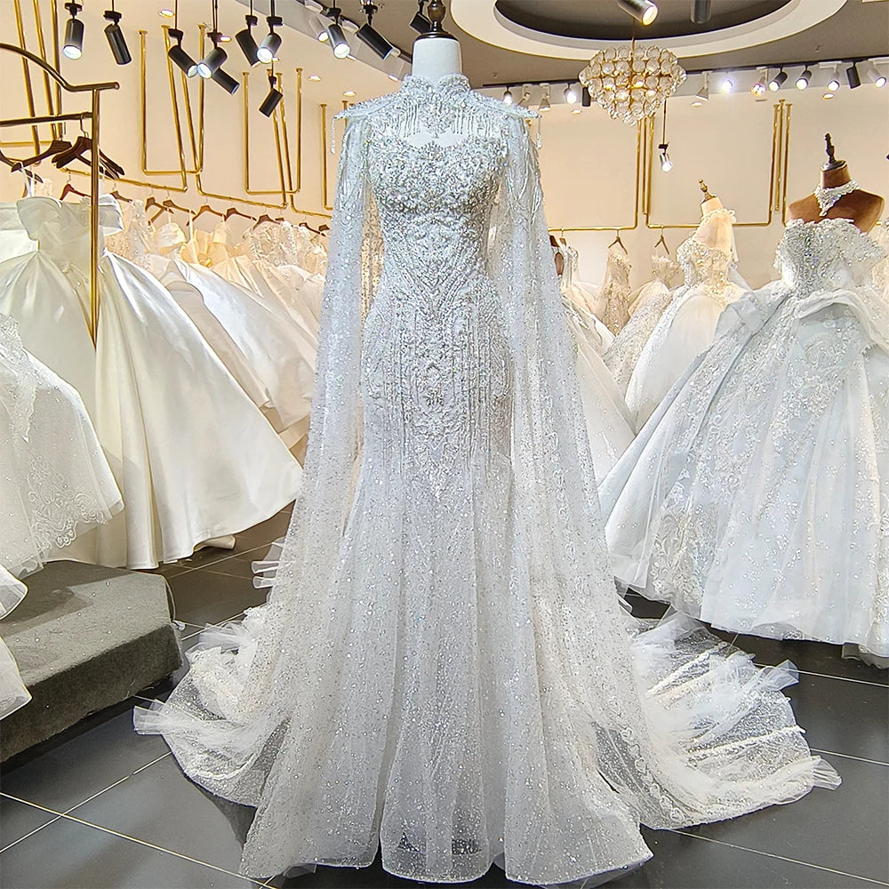 Elegant A-Line Sequin Lace Wedding Dress with Detachable Cape & Back Buttons - Perfect for Bridal, Formal Events & Romantic Photos