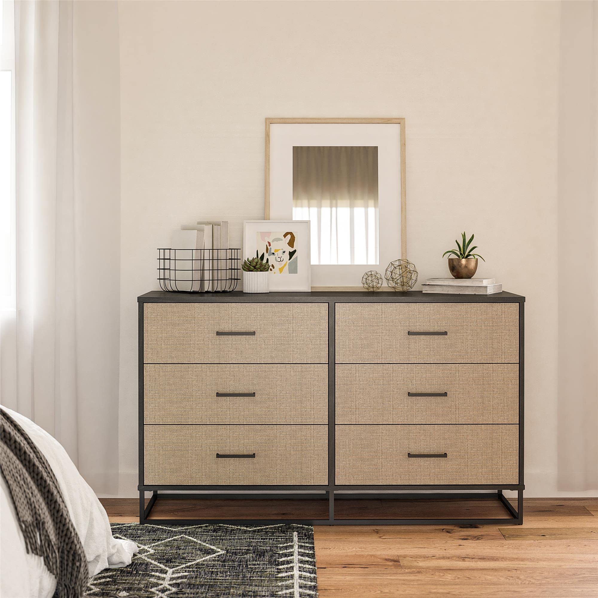 Novogratz Kelly 6-Drawer Dresser - Faux Rattan & Black Oak Finish - Modern Bedroom Storage Furniture for Clothes, Linens & Accessories - Perfect for Master Bedroom, Guest Room or Dorm Organization