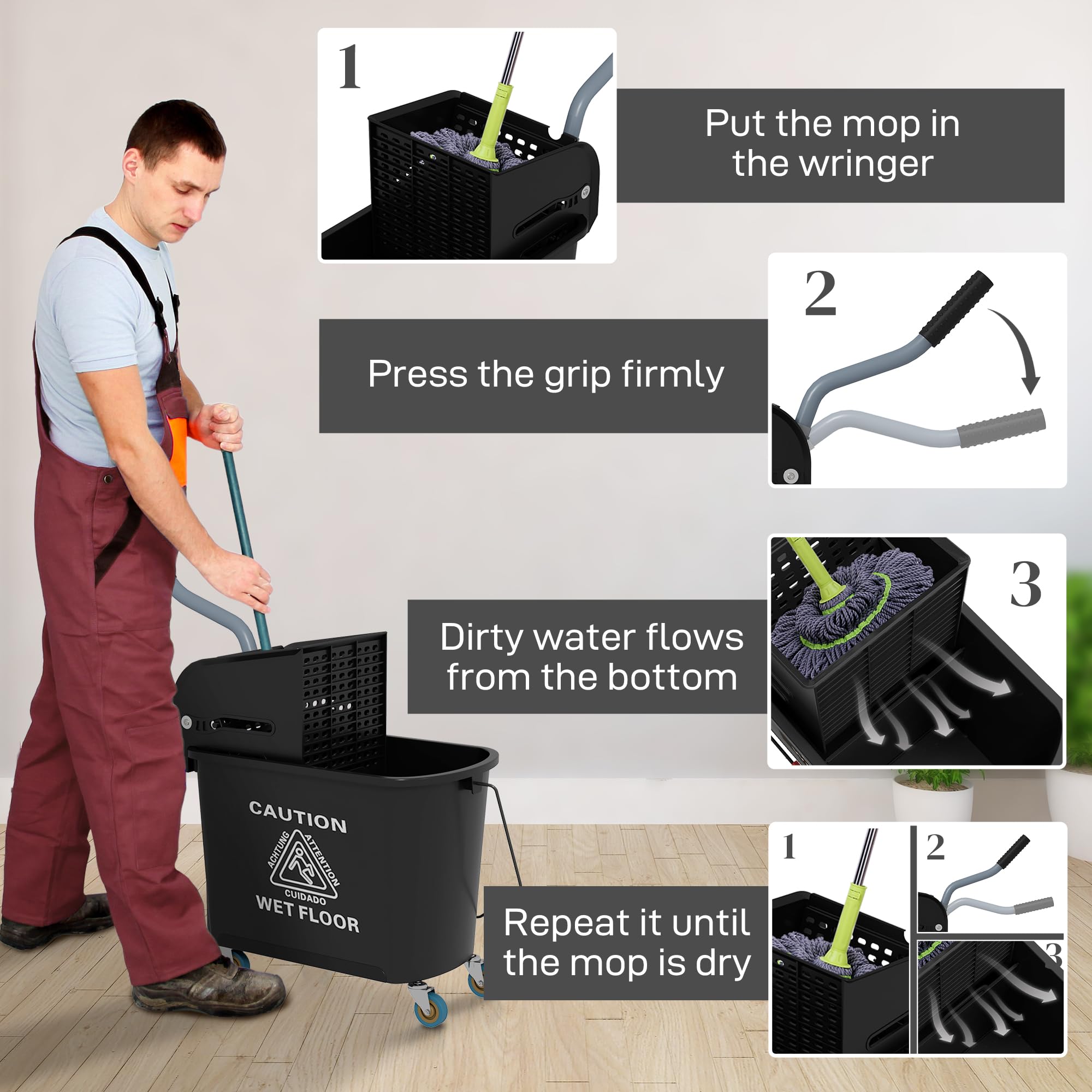 HOMCOM 21 Quart Mop Bucket with Wringer on Wheels - Dual Chamber for Dirty & Clean Water Separation - Easy Floor Cleaning Solution for Home, Office & Commercial Use - Black