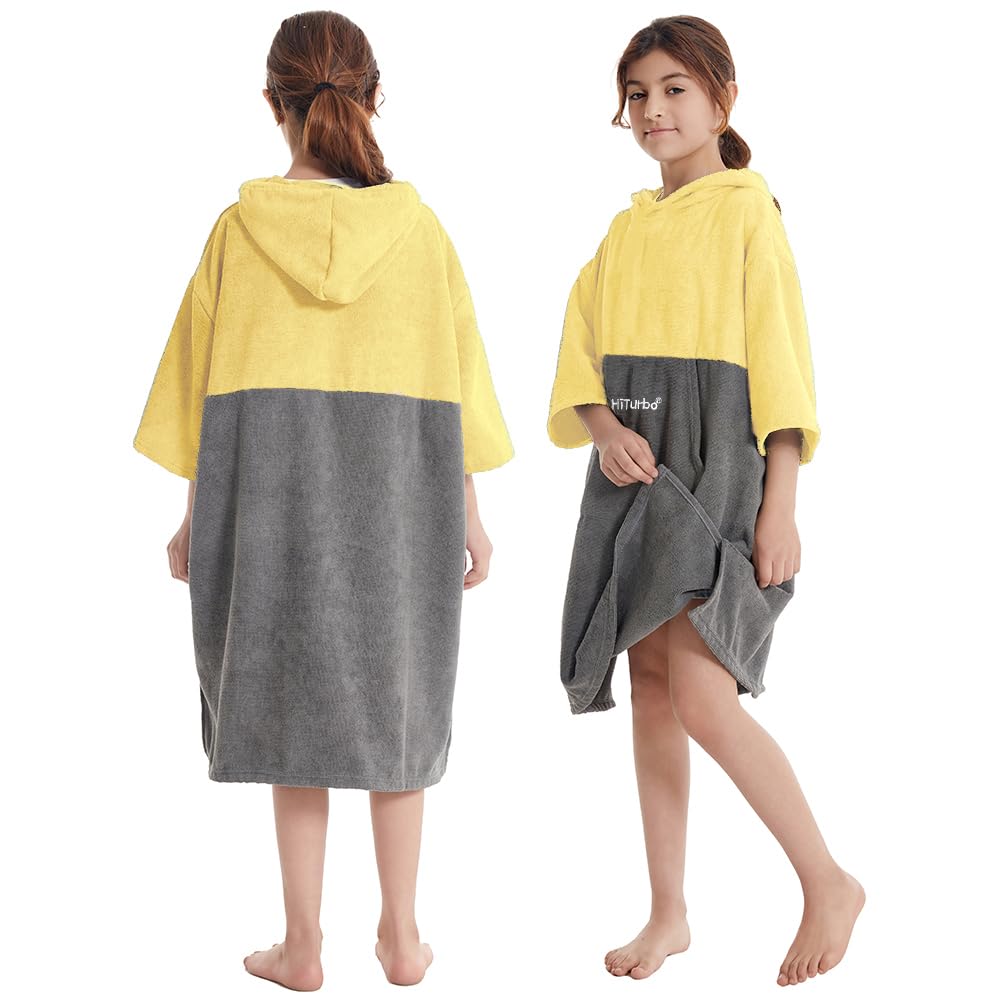 Hiturbo Kids Changing Towel Robe - Super Absorbent Quick Dry Surf Poncho with 3/4 Sleeves, Soft Microfiber Bath Towel for Beach, Pool & Swimming - Perfect for Boys & Girls (Yellow/Gray)