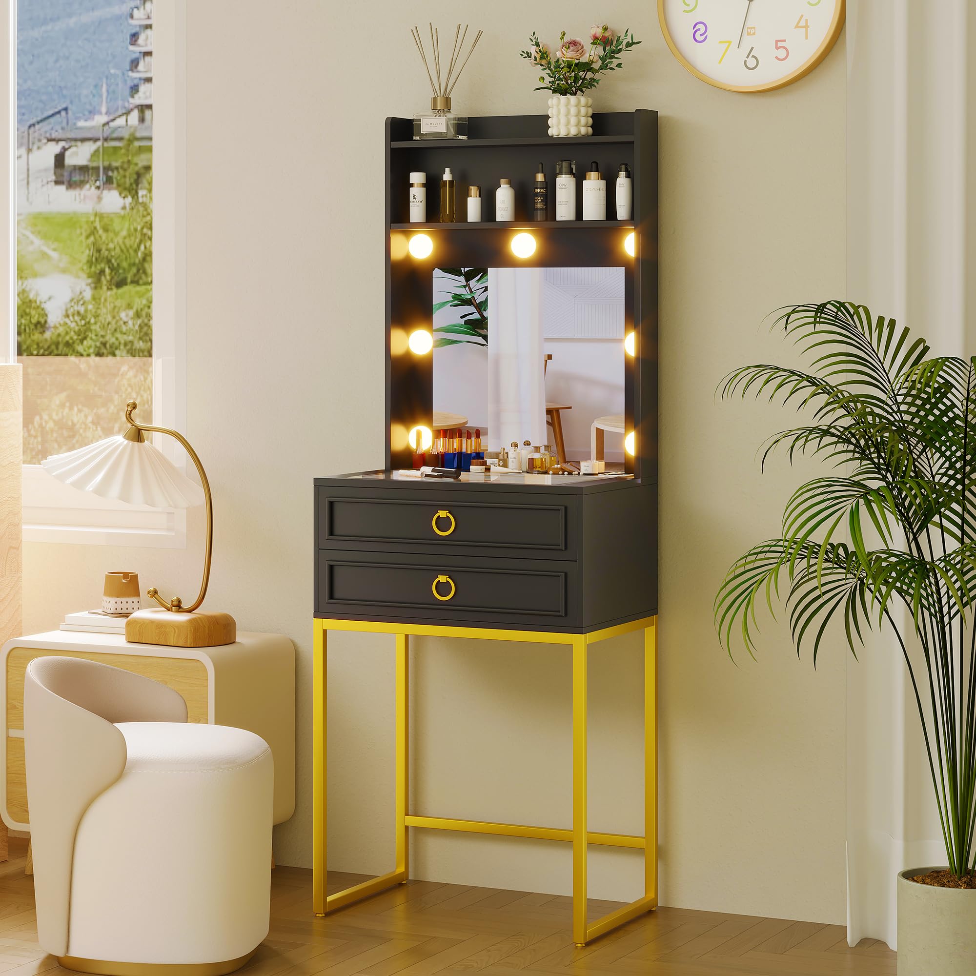 LVSOMT Small Makeup Vanity with Glass Top - Black Vanity Desk with LED Lighted Mirror & Motion Sensor - Mini Dressing Table for Bedroom, Apartment, Bathroom - Perfect for Makeup Application & Beauty Routine