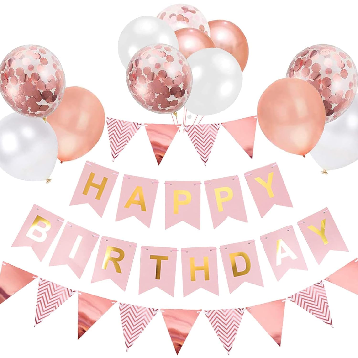 Rose Gold Happy Birthday Banner & Bunting Set - 12 Inch Balloons, Ribbons & Party Decorations for Women | Perfect for Birthday Parties, Baby Showers & Anniversary Celebrations
