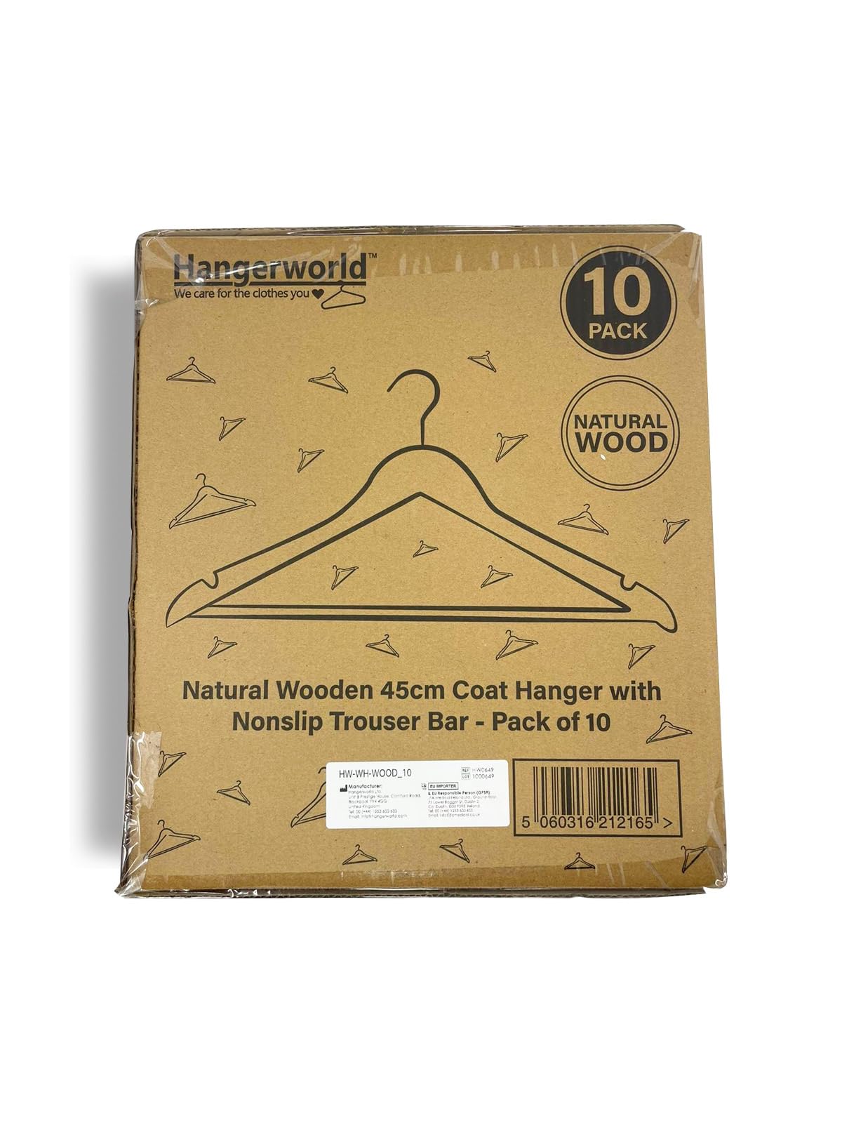 HANGERWORLD 10 Pack Natural Wooden Clothes Hangers 45cm with Non-Slip Trouser Bar - Perfect for Wardrobe, Closet Organization & Garment Storage