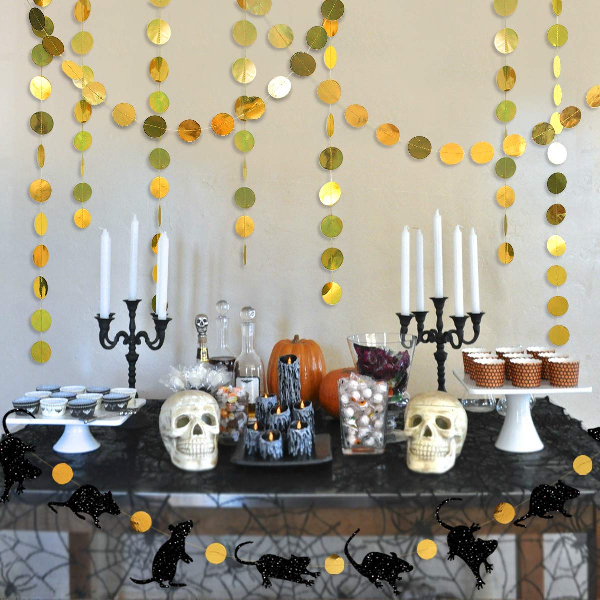 33 Ft Halloween Party Rat Banner Kit - Double Sided Black Glitter Mice with Gold Circle Dots - Perfect for Halloween Decorations, Birthday Parties & Mouse Themed Events - Bunting Garland Streamer for Spooky Celebrations
