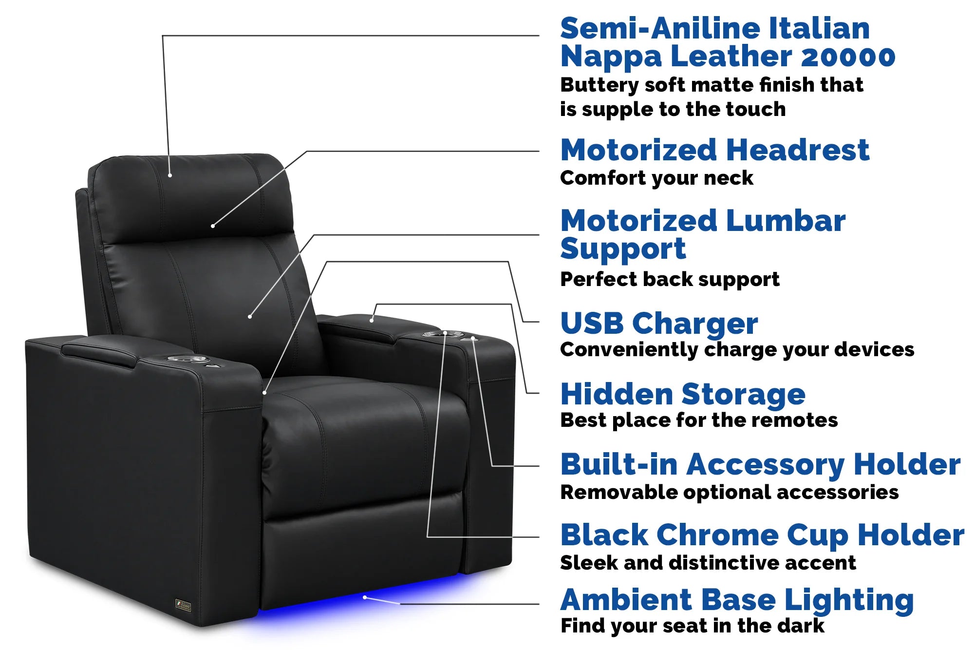 Valencia Piacenza Luxury Genuine Leather Home Theater Seating - 2-Seater Loveseat in Premium Onyx Black | Perfect for Home Cinemas, Media Rooms & Luxury Home Decor