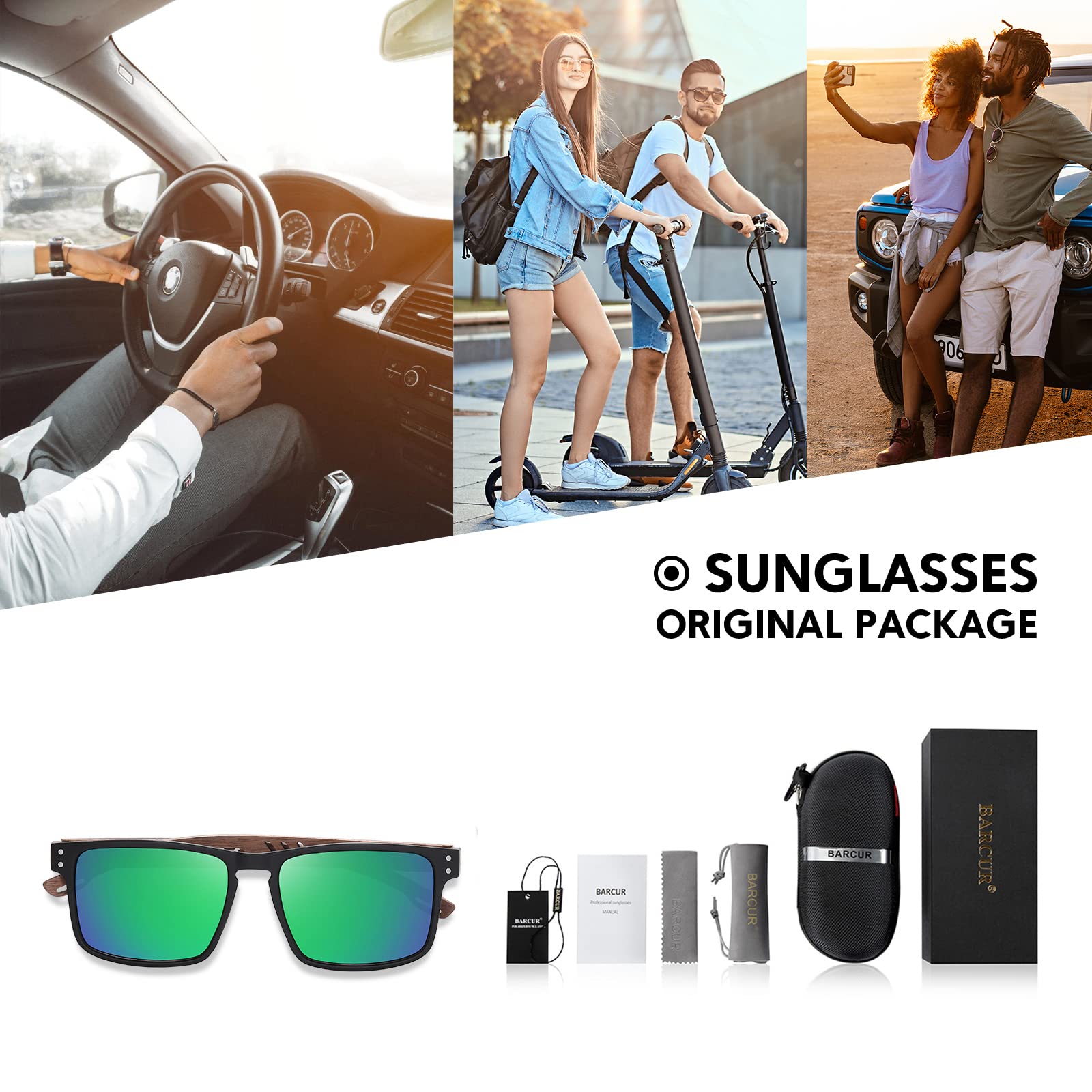 Square Wooden Sunglasses for Men - Polarized UV Protection Lenses, Walnut Wood Frame - Perfect for Outdoor Activities, Beach, and Driving