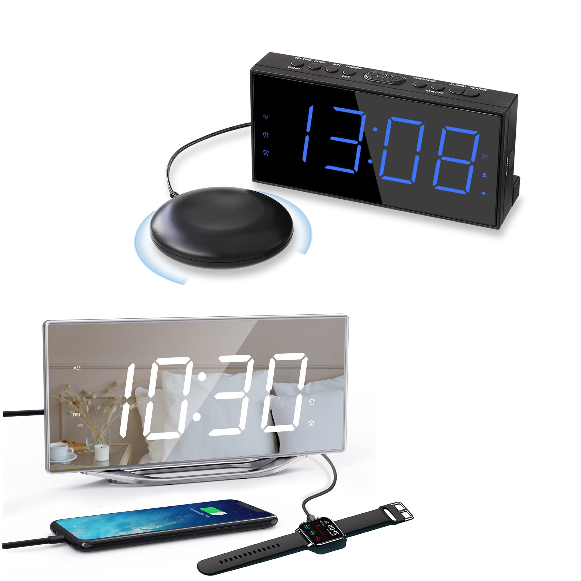 Extra Loud Alarm Clock with Bed Shaker - Digital Mirror Alarm Clock for Heavy Sleepers | Dual Alarm, 8.3