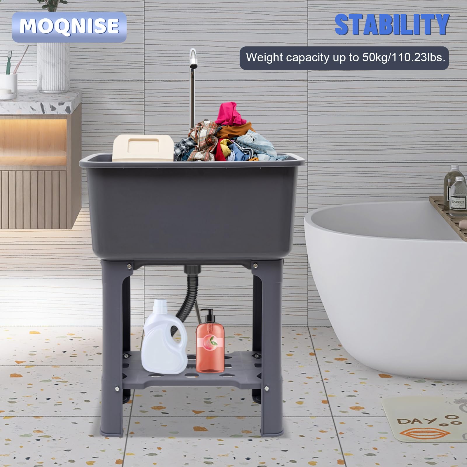 Freestanding Utility Sink with 360° Rotating Faucet & Storage Shelf - Heavy Duty Laundry Sink for Basement, Garage, Bathroom, Kitchen | Perfect for Washing Clothes, Cleaning Tools & Household Chores