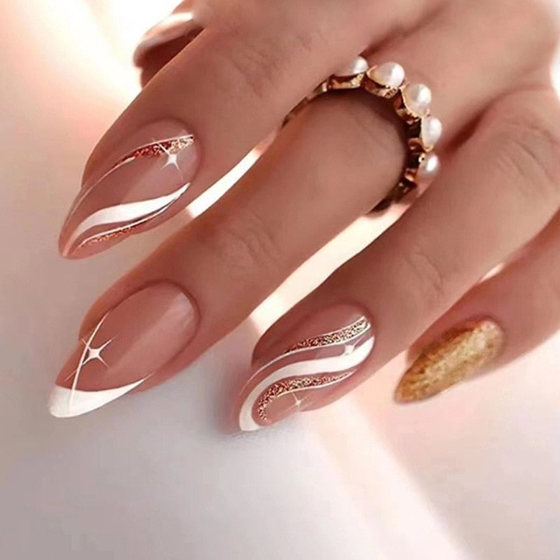 24Pcs Short Almond French False Nails - Full Cover Press on Nails with Reusable Adhesive - Natural Looking Artificial Nails for Everyday Wear & Special Occasions
