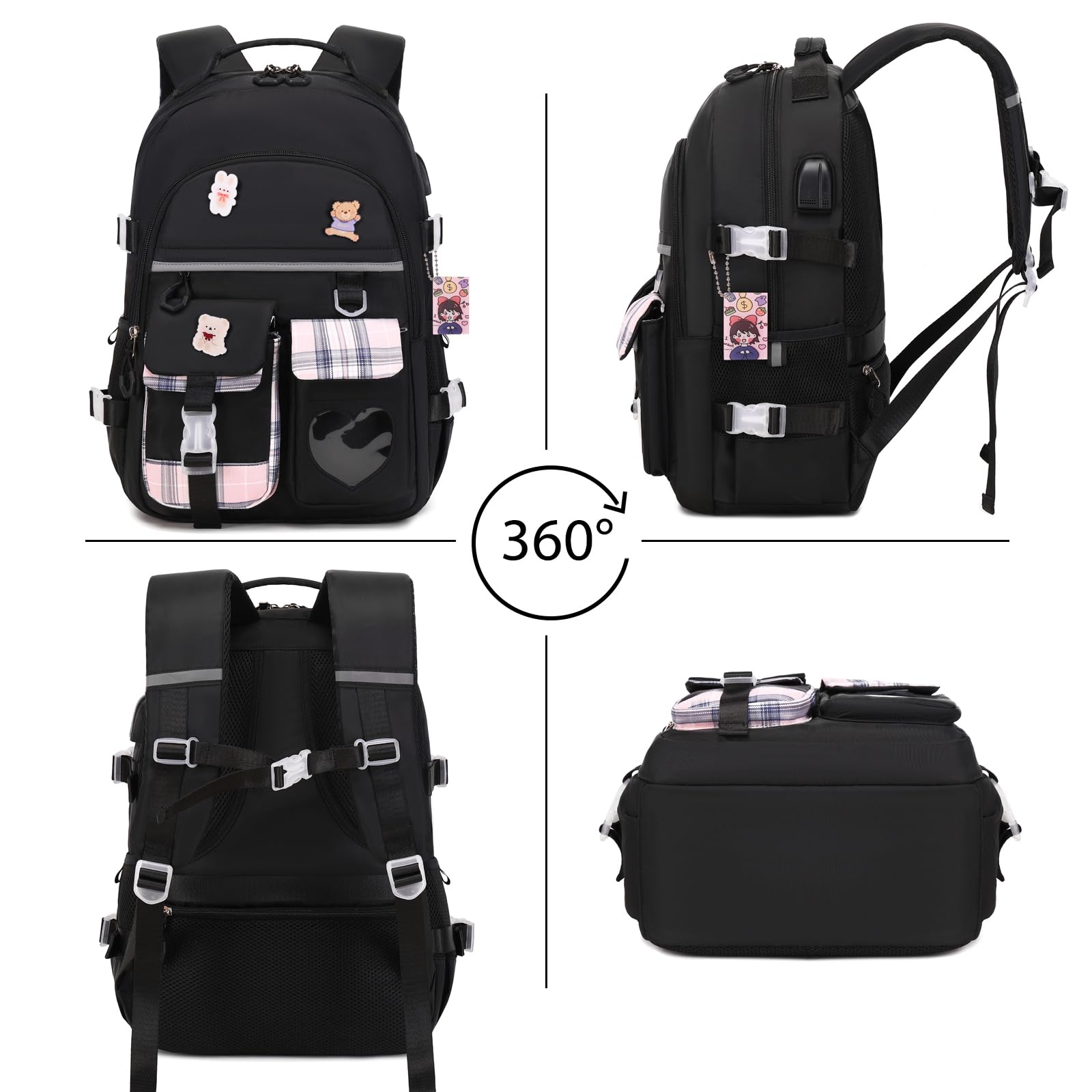 Cute Girls Backpack for School, Travel & Daily Use - Lightweight Bookbag for Kids, Teens & Women - Perfect for Elementary, Middle School & College - Includes Lunch Box (Black) - Ideal for Class, Commuting & Outdoor Adventures