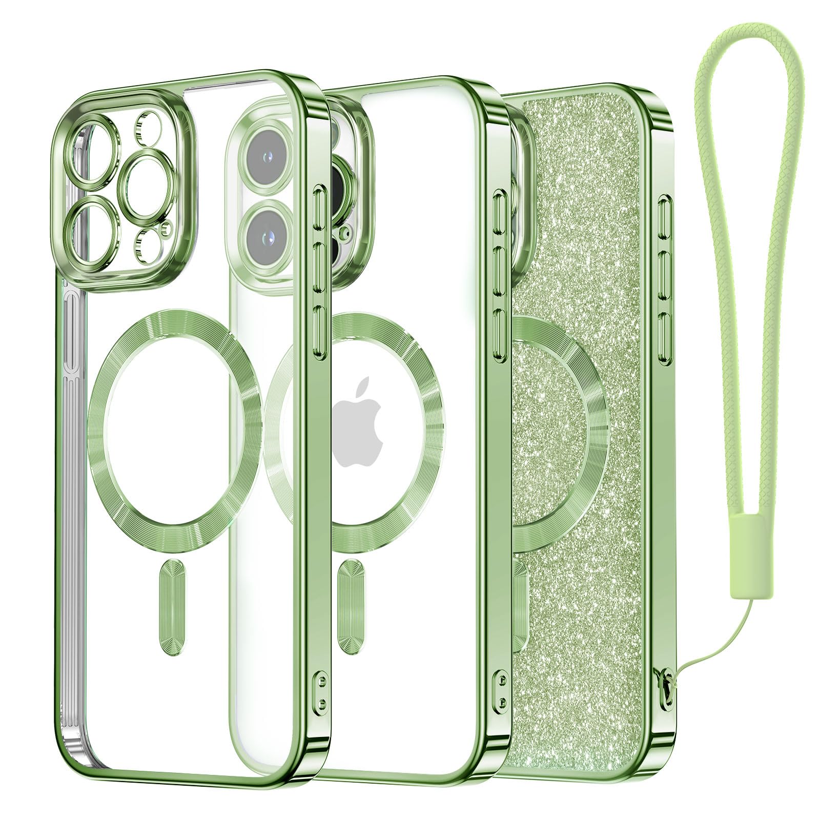 Meifigno Candy Mag Series Glitter Case for iPhone 15 Pro Max - Magsafe Compatible with Wrist Strap & Full Camera Protection - Stylish Grass Green Phone Cover for Women | Perfect for Everyday Use, Office & Travel