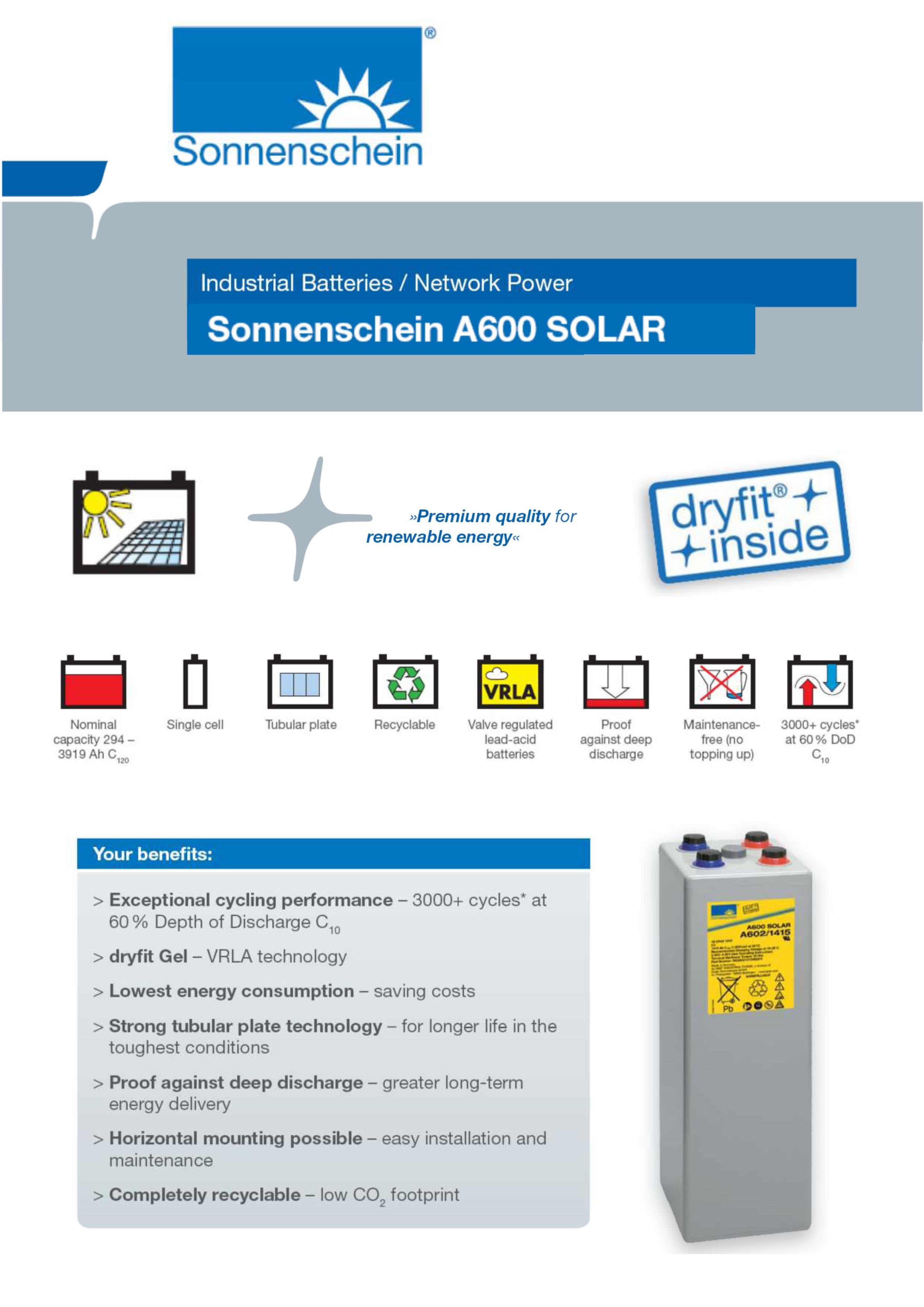 Sonnenschein 2V Solar Block Battery - High Performance Deep Cycle Battery for Solar Power Systems, Off-Grid Applications, and Renewable Energy Storage