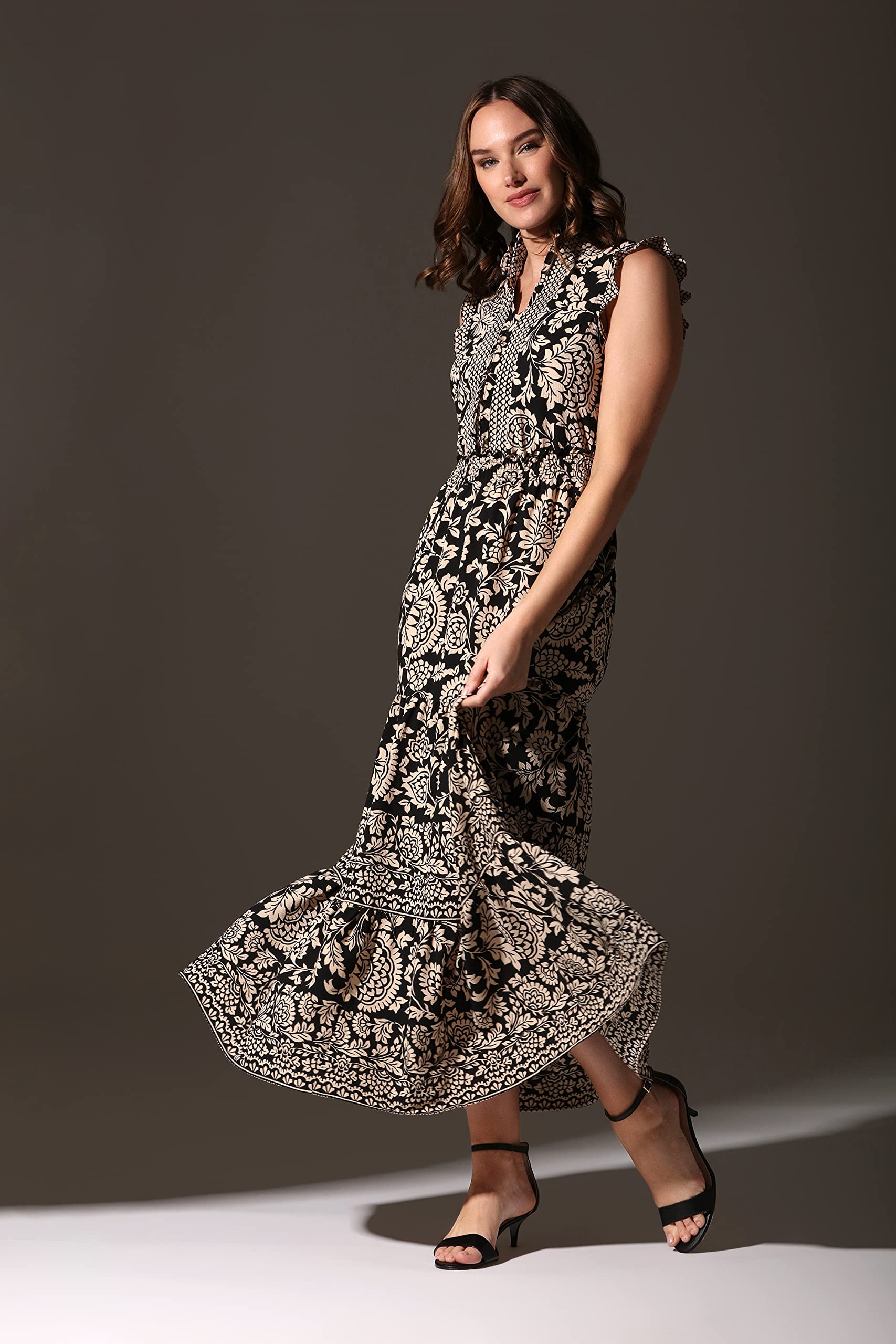 London Times Women's Boho Smocked Waist Ruffle Maxi Dress for Beach & Party