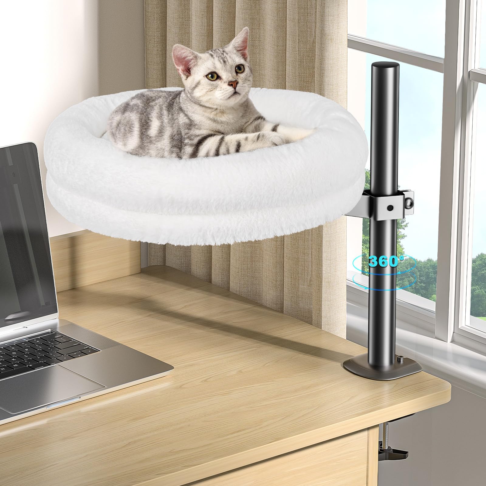 360° Rotating Adjustable Height Cat Desk Bed - Soft Comfortable Cat Perch Supports Up to 50 lbs, Round Cat Hammock for Office & Home Workspace (White) - Perfect for Napping While You Work