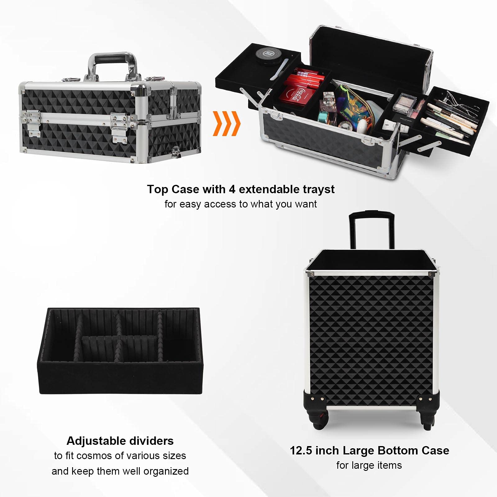 4 in 1 Professional Makeup Train Case with Large Storage - Lockable 4-Wheel Rolling Cosmetic Trolley with Diamond Surface (Black) | Perfect for Salon Professionals, Makeup Artists & Travel Organization