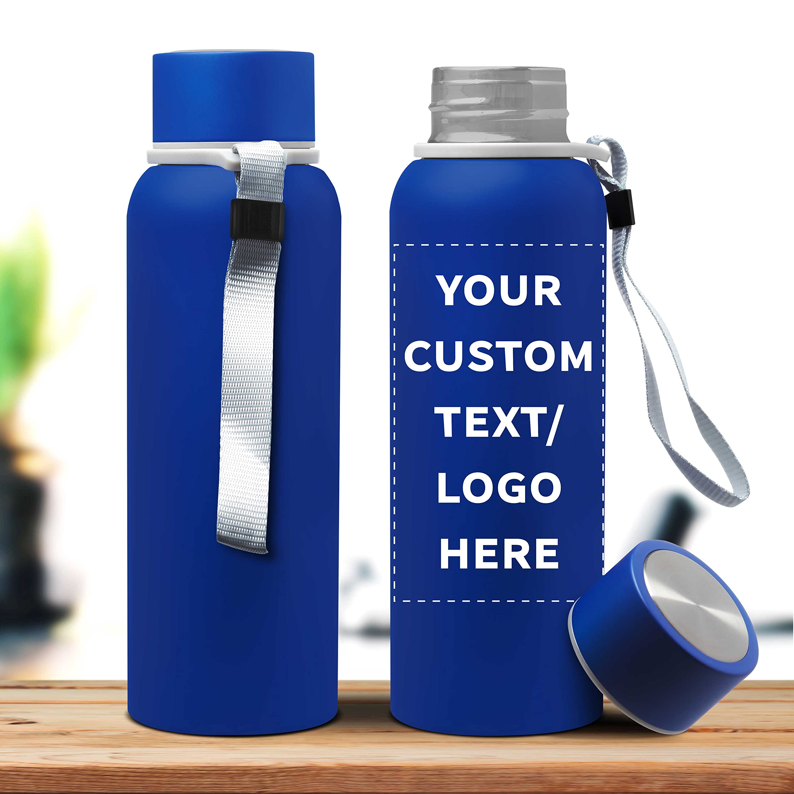 Custom Personalized 17 oz Ransom Water Bottles with Strap - Bulk Pack of 24 - Promotional Giveaways for Events, Business Branding & Corporate Gifts - Perfect for Trade Shows, Team Building & Employee Appreciation - Blue