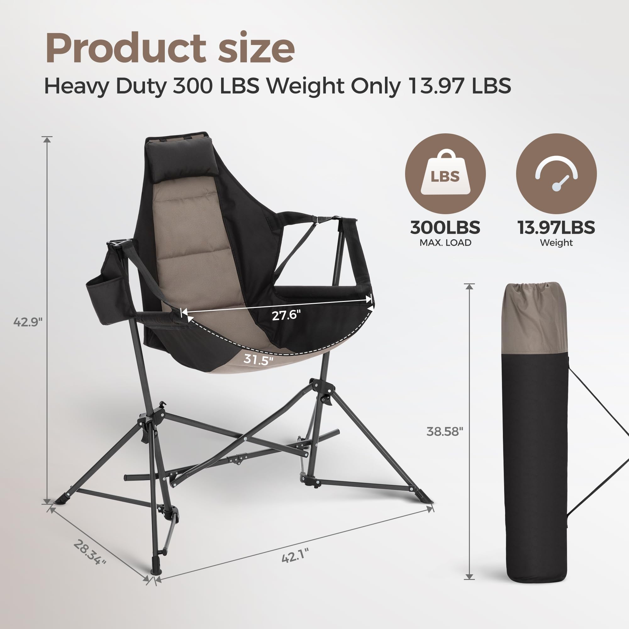 ALPHA CAMP Heavy Duty Folding Hammock Rocking Chair with Cup Holder - High Back Padded Outdoor Swinging Chair for Camping, Backyard, Lawn, Picnic - Portable Oversized Steel Frame (Black) - Perfect for Relaxing in Garden, Patio or Beach
