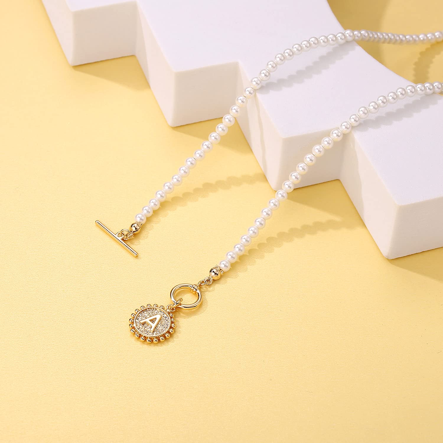 Elegant Initial K Pearl Choker Necklace for Women - 4MM Simulated Pearl, 14K Gold Plated Toggle Clasp, Handmade Dainty Jewelry with Coin Pendant - Perfect for Gifts, Date Nights & Special Occasions