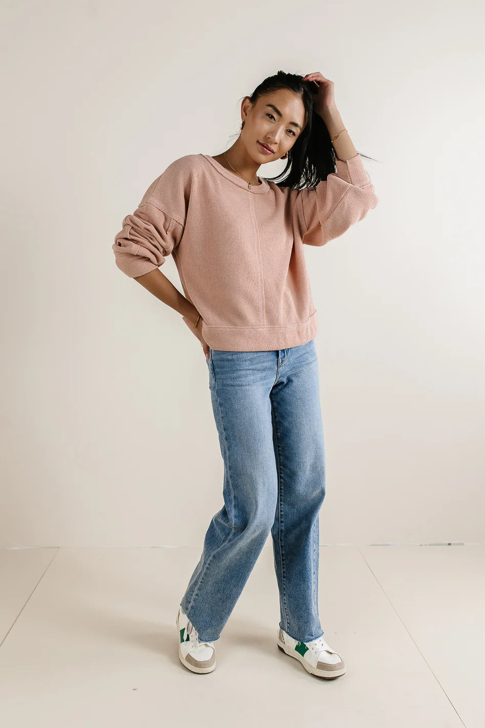 Mia Waffle Knit Top Women's Casual Long Sleeve Blush Pink Sweater | Soft Breathable Waffle Texture | Perfect for Fall Winter Layering & Coffee Dates
