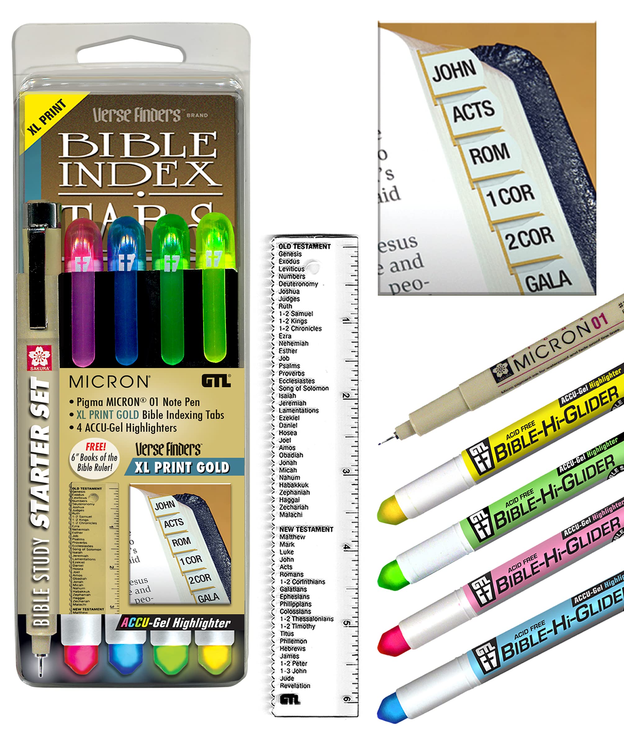 **Accu-Gel Bible Highlighter & Pigma Micron Bible Study Starter Set – No Bleed Pigmented Ink, XL Print Gold Verse Finder Bible Tabs, 01 Fine Point Black – Perfect for Bible Journaling, Scripture Study & Church Note-Taking**