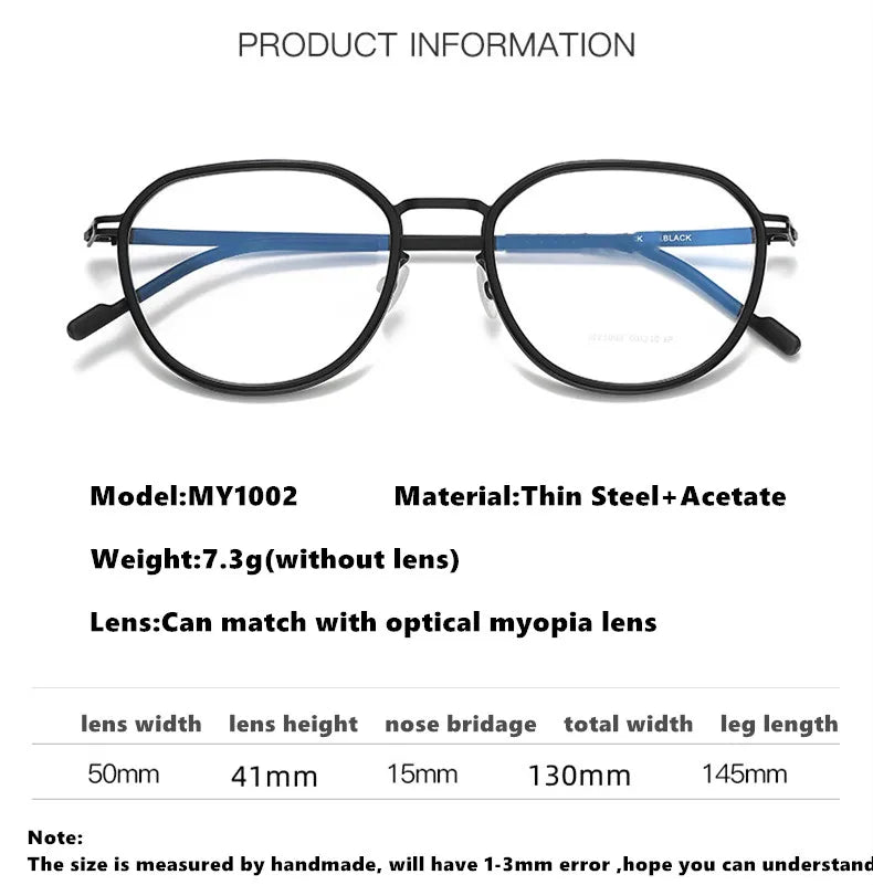 Aimee Unisex Full Rim Oval Square Acetate Steel Eyeglasses Frame 1002 - Stylish & Durable for Work, Reading & Fashion Accessories