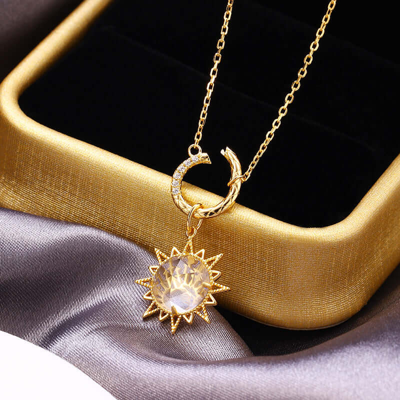 14K Gold Clear Quartz Sun Pendant Necklace Set - Elegant Spiritual Jewelry for Women | Perfect for Meditation, Yoga & Energy Healing | TB1475
