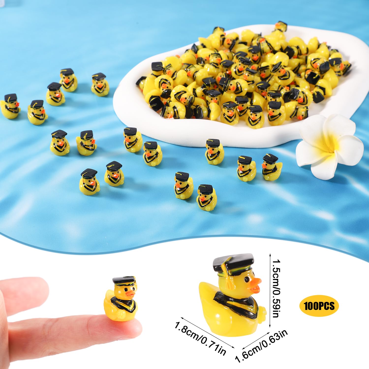 100pcs Mini Resin Graduation Ducks with Bachelor's Hats - Tiny Rubber Duck Decorations for Graduation Gifts, Birthday Parties & DIY Crafts - Funny Resin Duck Charms for Cake Toppers, Table Decor & School Celebrations