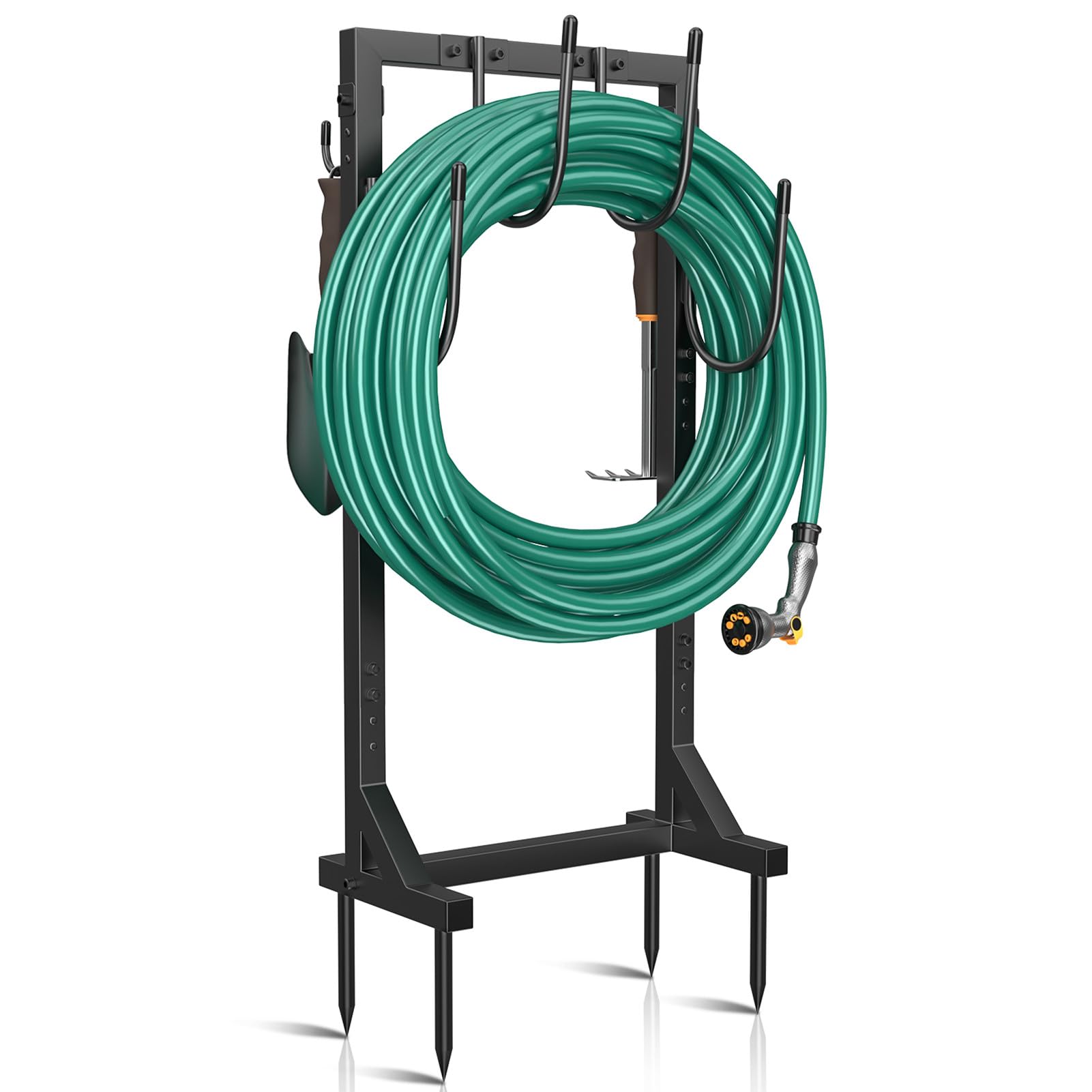 Heavy Duty Freestanding Garden Hose Holder with 4 Spikes & 6 Hooks - Outdoor Metal Water Hose Storage Stand Hanger for Yard, Lawn, and Garden (Black) | Perfect for Organizing Garden Hoses, Sprinklers, and Watering Tools