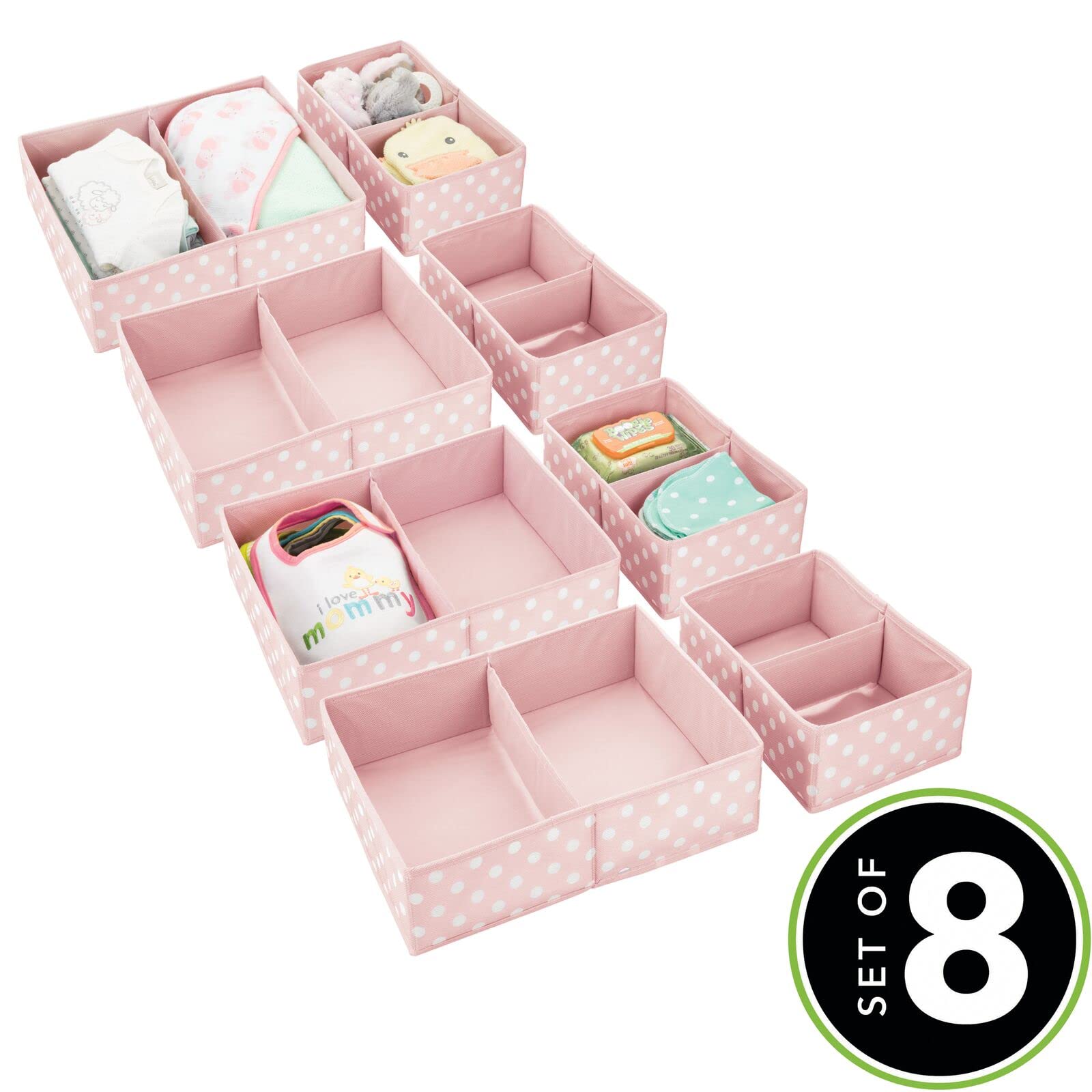 mDesign Fabric Drawer Organizer Bins - Set of 2 or 4 Pack, Pink/White Polka Dot - Perfect for Kids & Baby Nursery Dresser, Closet, Shelf & Playroom Organization - Holds Clothes, Toys, Diapers, Bibs & Blankets - Ideal for Home, Daycare & Travel Storage Solutions