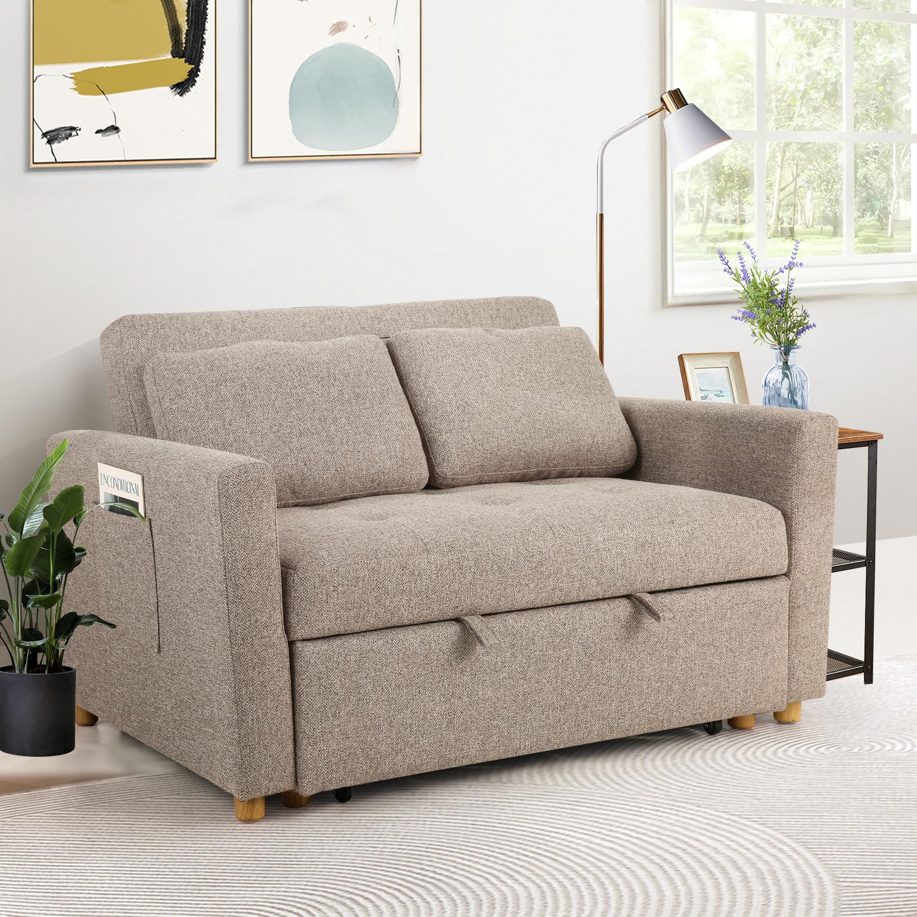 SEJOV 3-in-1 Convertible Sofa Bed with Linen Fabric - Pull Out Sleeper Couch, 49