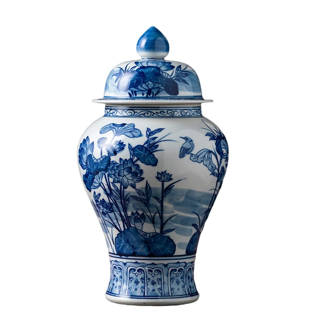 Blue and White Porcelain Ginger Jar with Lid - Chinese Ceramic Temple Jar for Home Decor, Vase & Village Style | Perfect for Living Room, Dining Table & Wedding Centerpiece