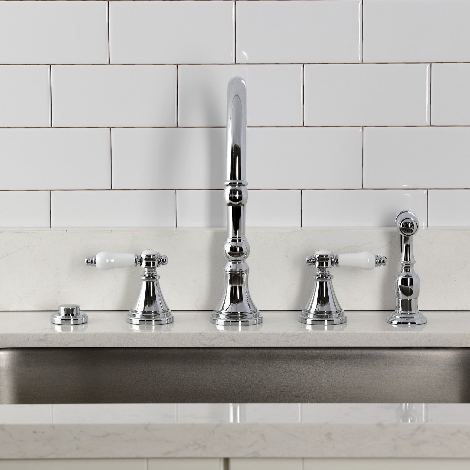 Bel Air KS2791BPLBS Double Handle 4 Hole Widespread Kitchen Faucet with Brass Sprayer, Polished Chrome - Perfect for Modern Kitchens and Home Renovation Projects