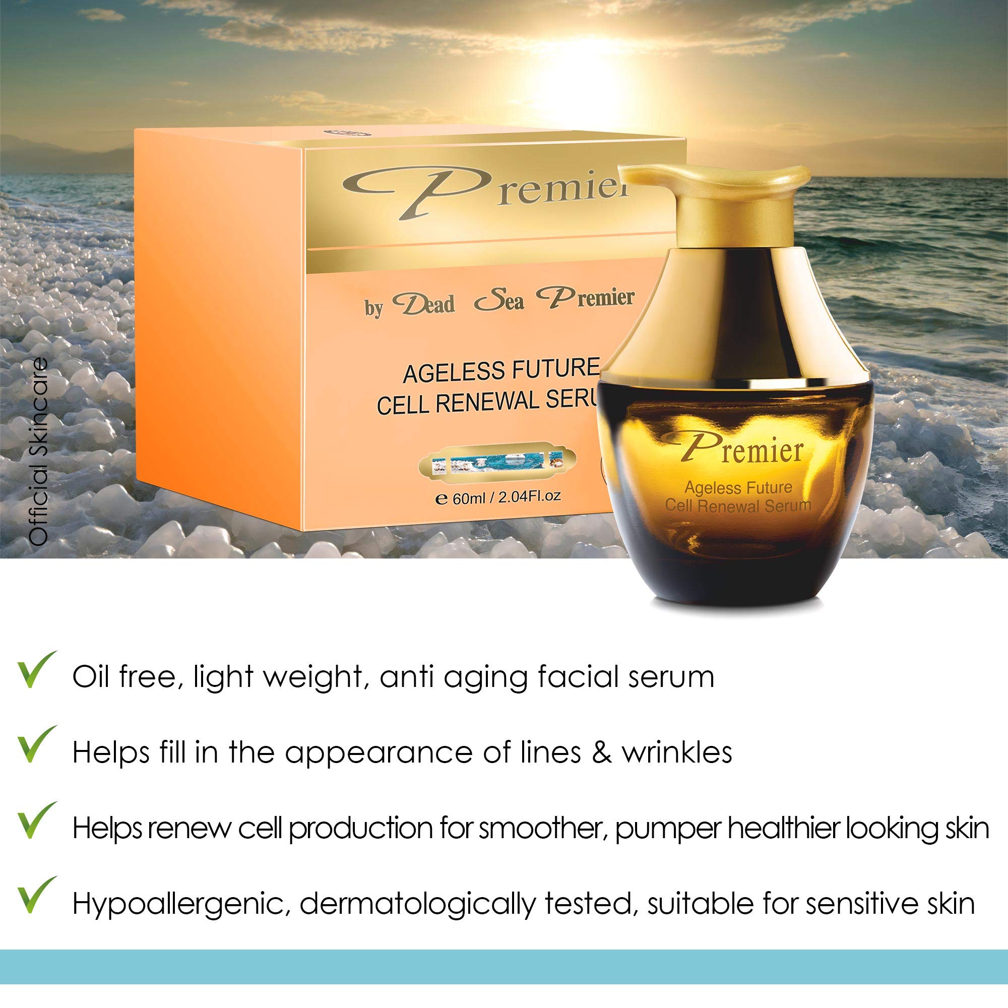 Premier Dead Sea Classic Ageless Future Cell Renewal Serum 2.04 Fl Oz - Anti-Aging Face Serum for Wrinkles & Fine Lines, Hydrating & Firming Skin Care, Perfect for Night Routine & Daily Use