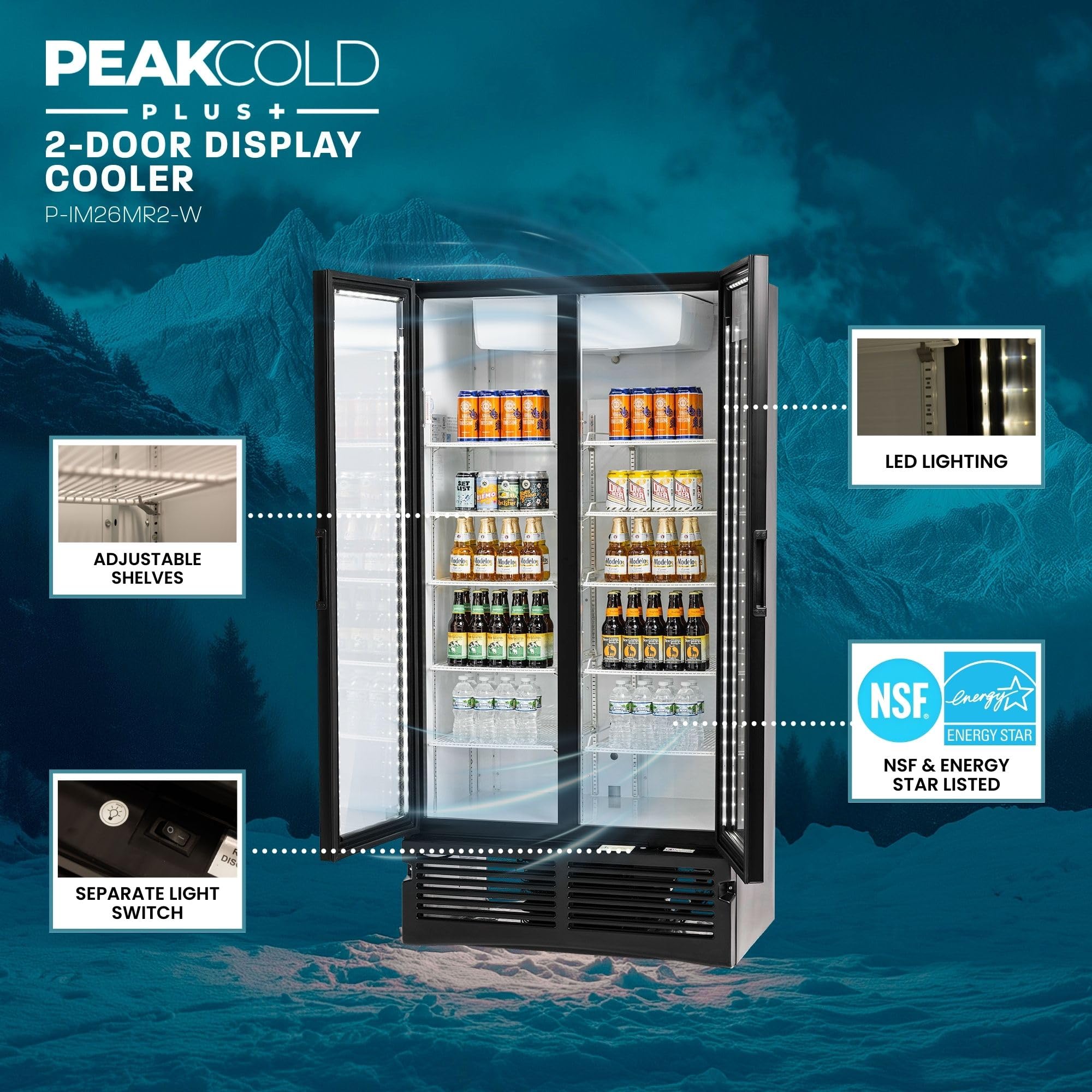 PLUS Upright Commercial 2 Door Display Cooler & Refrigerator, 25.7 Cubic Ft - Perfect for Supermarkets, Convenience Stores, and Restaurants
