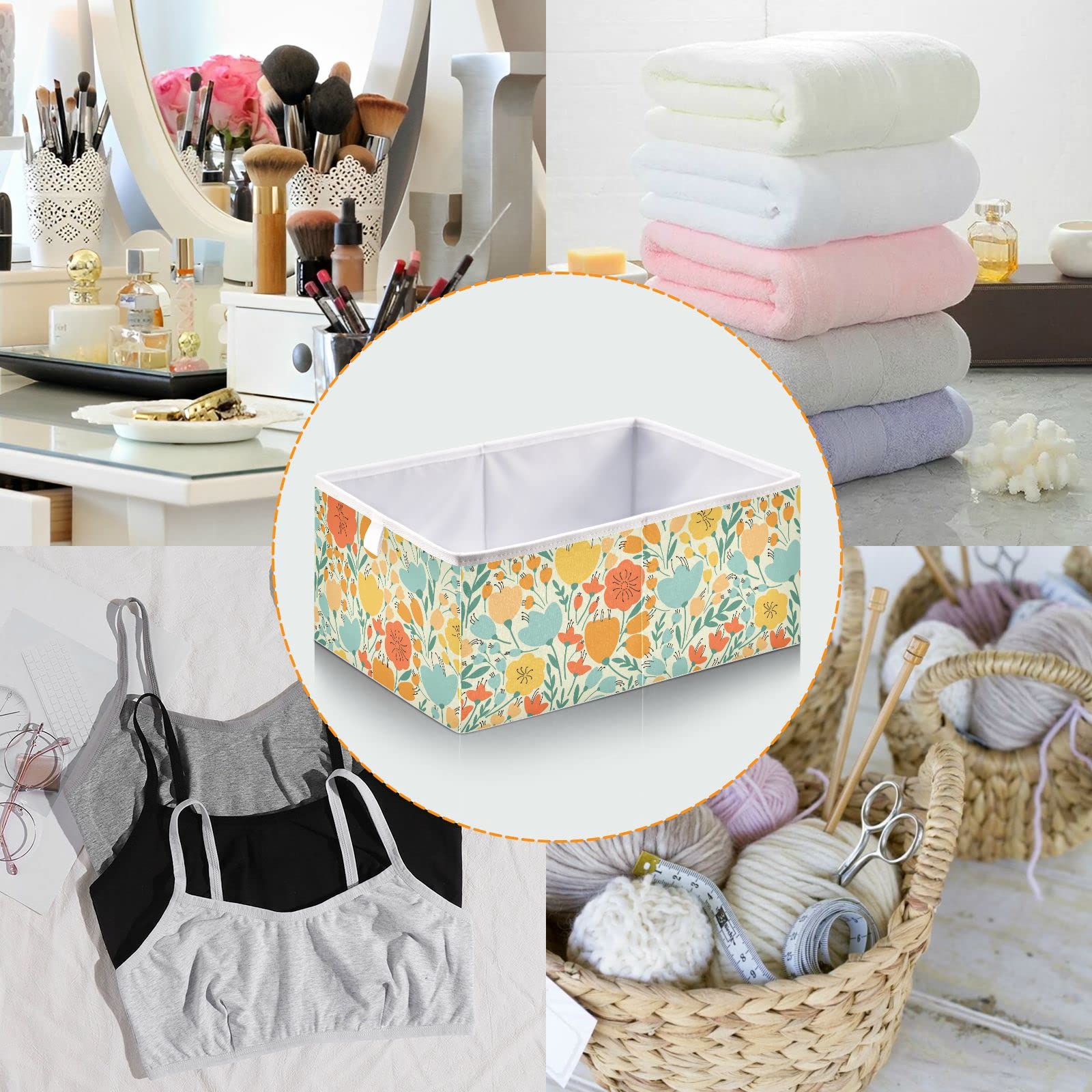 Foldable Collapsible Storage Baskets with Yellow Pink Flowers - 11 x 11 Inch Fabric Cube Bins for Pantry, Nursery, Closet & Home Organization | Perfect for Toys, Shelves & Space-Saving Storage