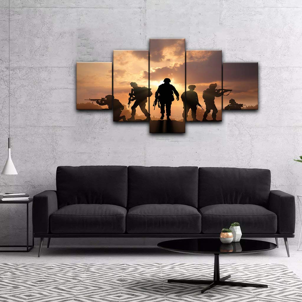 5-Panel Military Soldier Silhouette Canvas Wall Art - Framed Army Troops Print for Modern Home & Office Decor | Ready to Hang | Patriotic Living Room & Man Cave Wall Decor