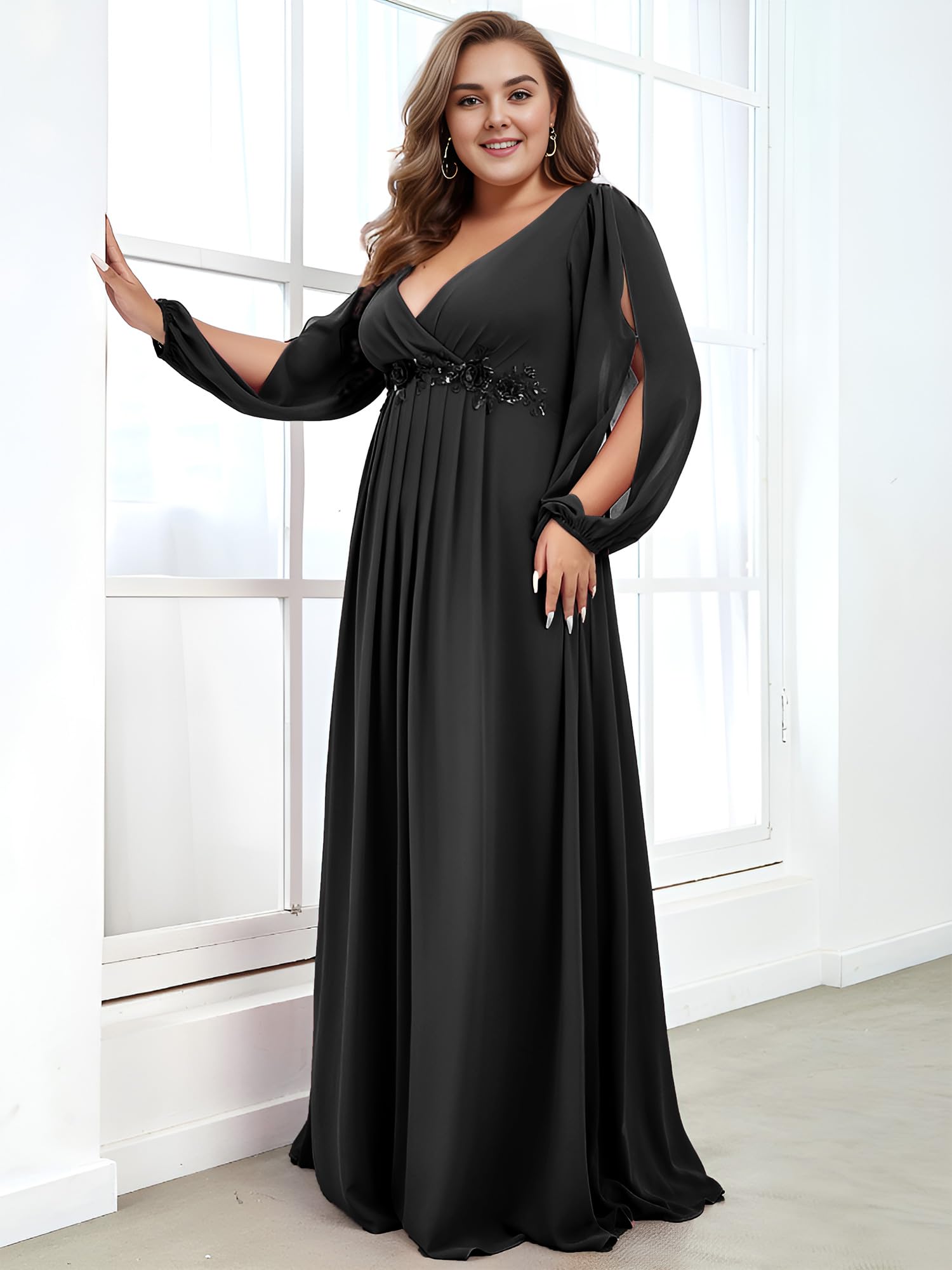 Ever-Pretty Plus Size Women's Formal Dress - V Neck Floor Length Gown with Lantern Sleeves & Floral Applique for Curvy Women | Wedding Guest, Prom, Evening Party, Black Tie Event