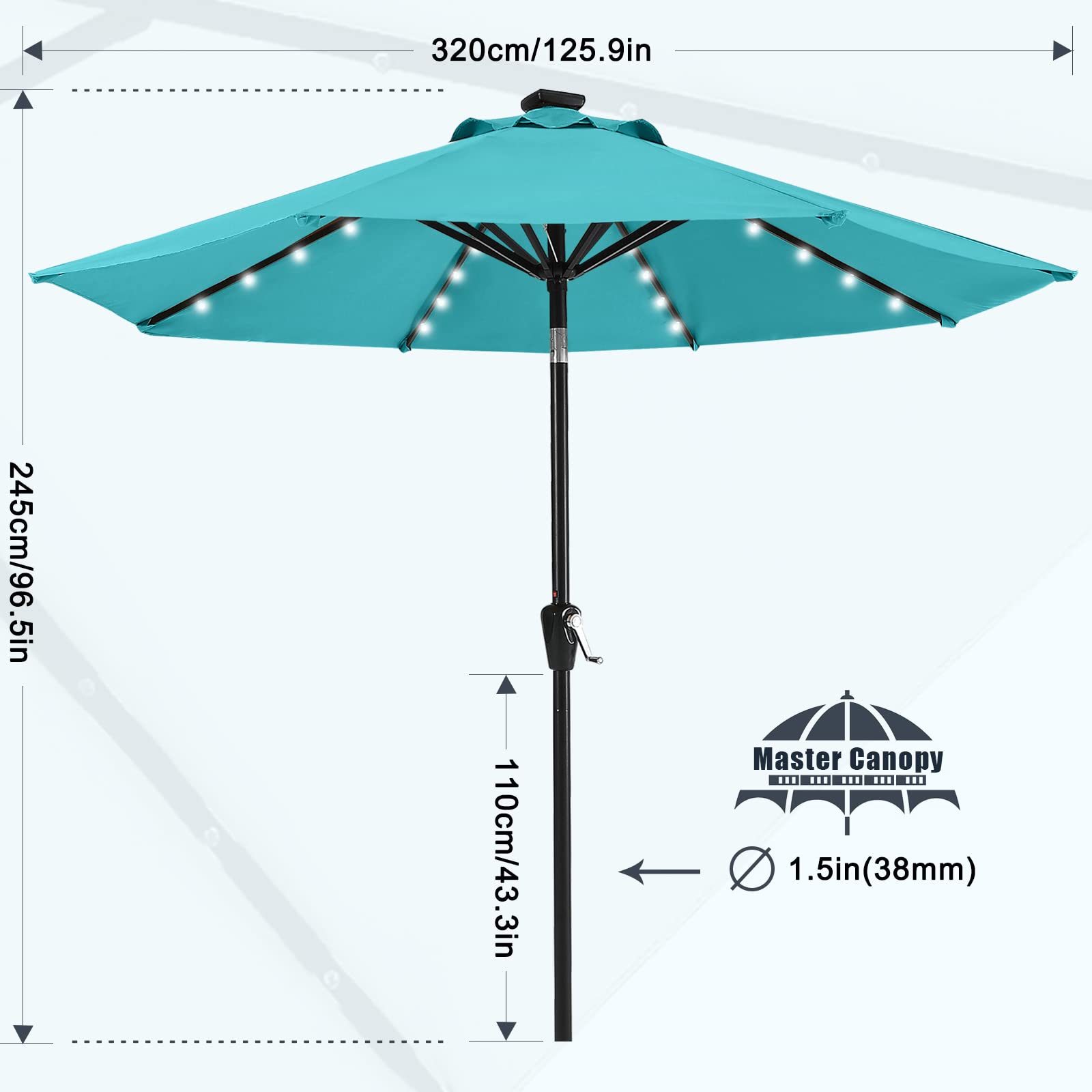 MASTERCANOPY 11ft Turquoise Patio Umbrella with 32 Solar LED Lights - 8 Ribs for Outdoor Dining, Poolside Relaxation & Backyard Parties | Weather-Resistant & Durable Garden Shade Solution