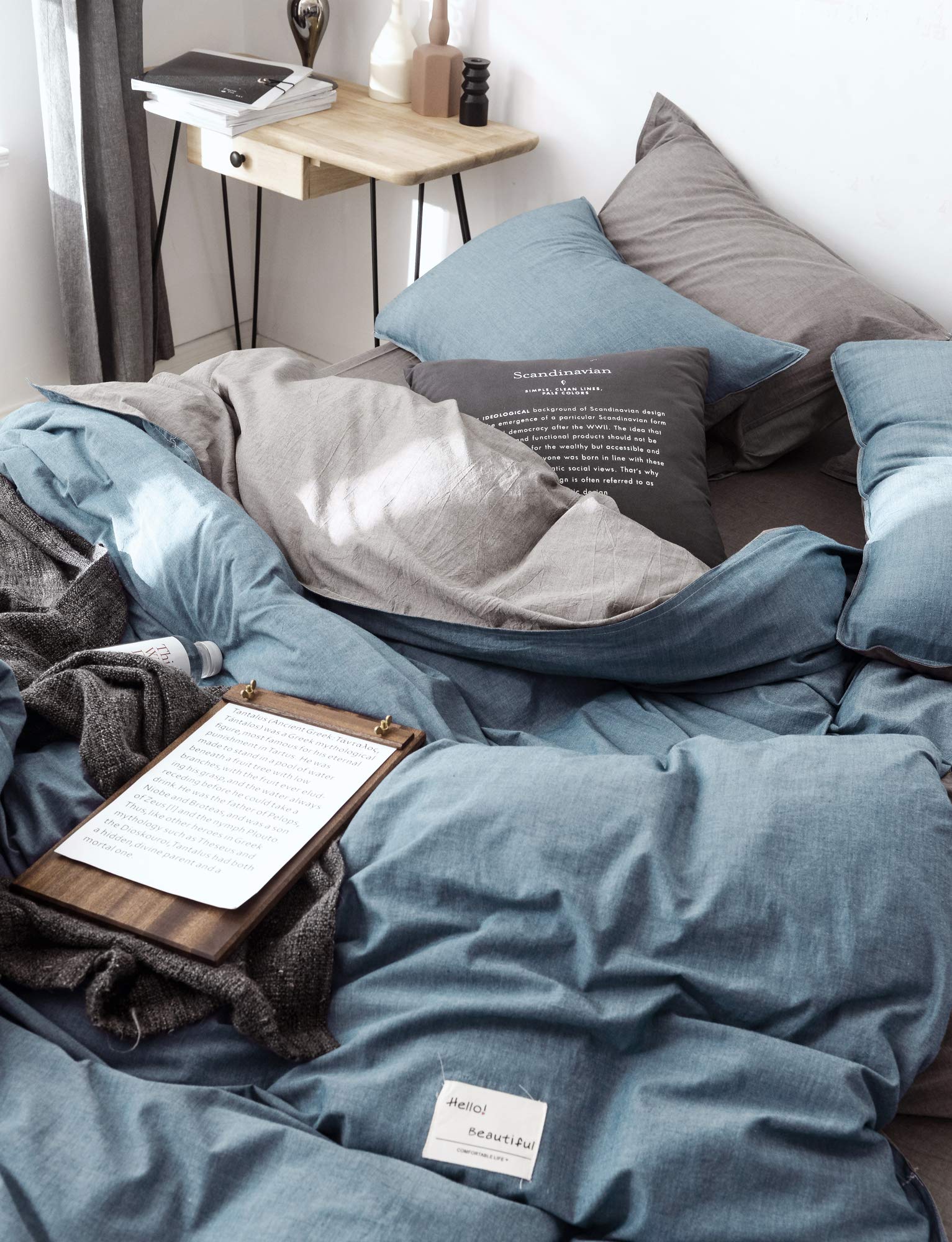 Premium 100% Cotton 200 Thread Count Duvet Cover Set - Navy Blue & Grey California King Size with 2 Pillowcases | Moon's Sleepwares Herse Series | Soft Breathable Bedding for Luxurious Hotel-Style Sleep