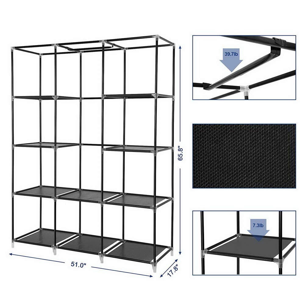 67 Inch Portable Clothes Closet Wardrobe Organizer - Heavy Duty Non-Woven Fabric with 10 Storage Shelves - No Tools Assembly - Black - Perfect for Small Spaces, Dorm Rooms, Apartments & Closet Organization